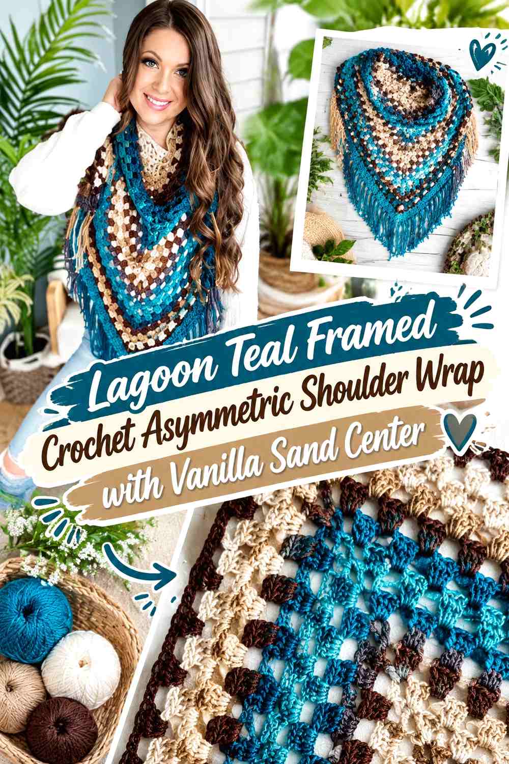 Lagoon Teal Framed Crochet Asymmetric Shoulder Wrap with Vanilla Sand Center