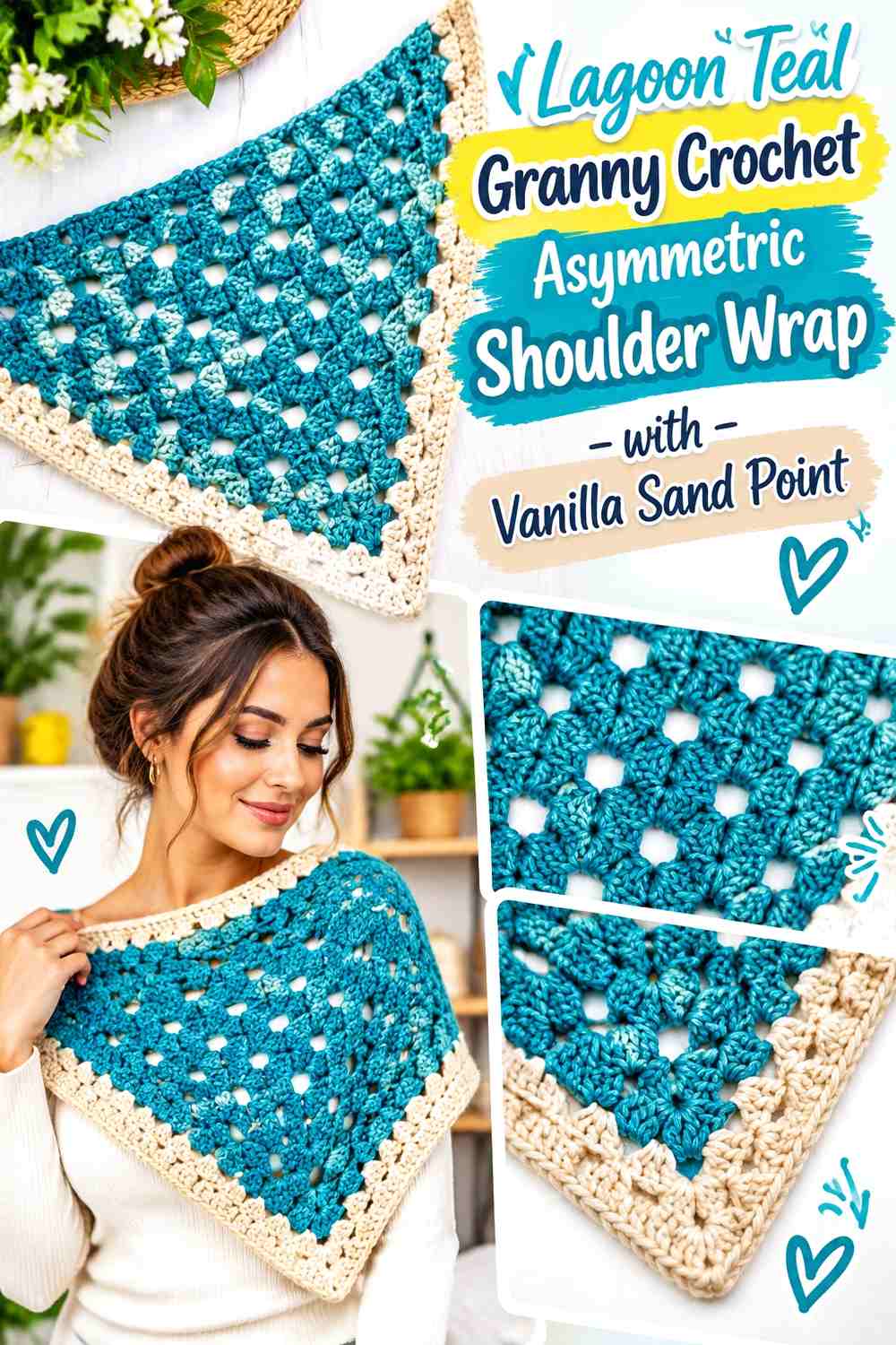 Lagoon Teal Granny Crochet Asymmetric Shoulder Wrap with Vanilla Sand Point