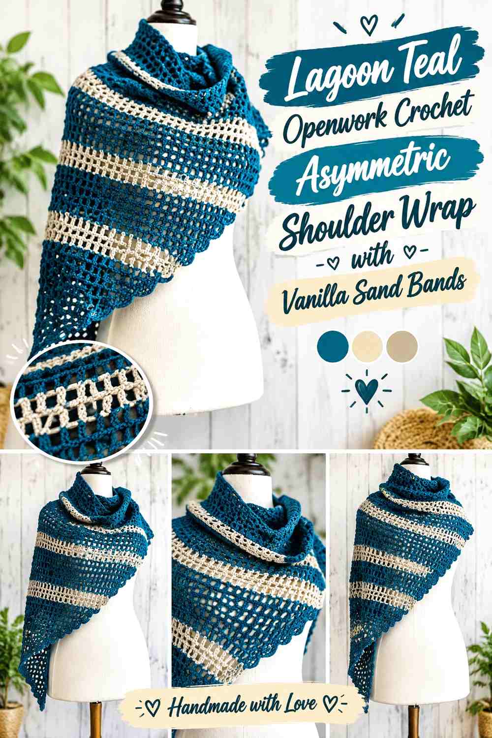 Lagoon Teal Openwork Crochet Asymmetric Shoulder Wrap with Vanilla Sand Bands