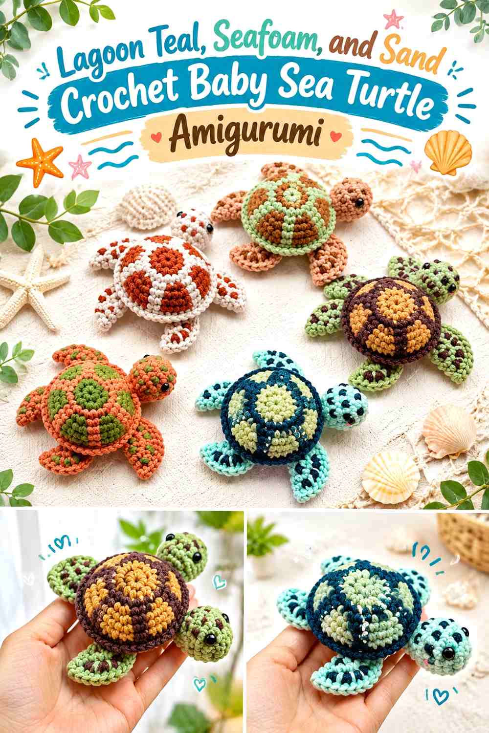 Lagoon Teal, Seafoam, and Sand Crochet Baby Sea Turtle Amigurumi