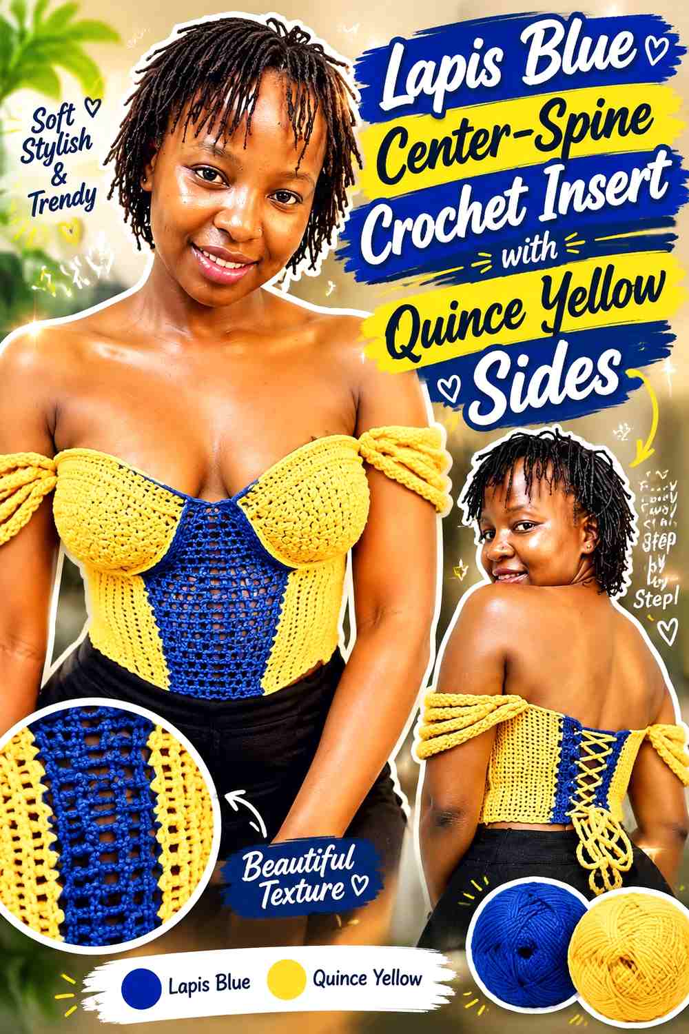 Lapis Blue Center-Spine Crochet Insert with Quince Yellow Sides