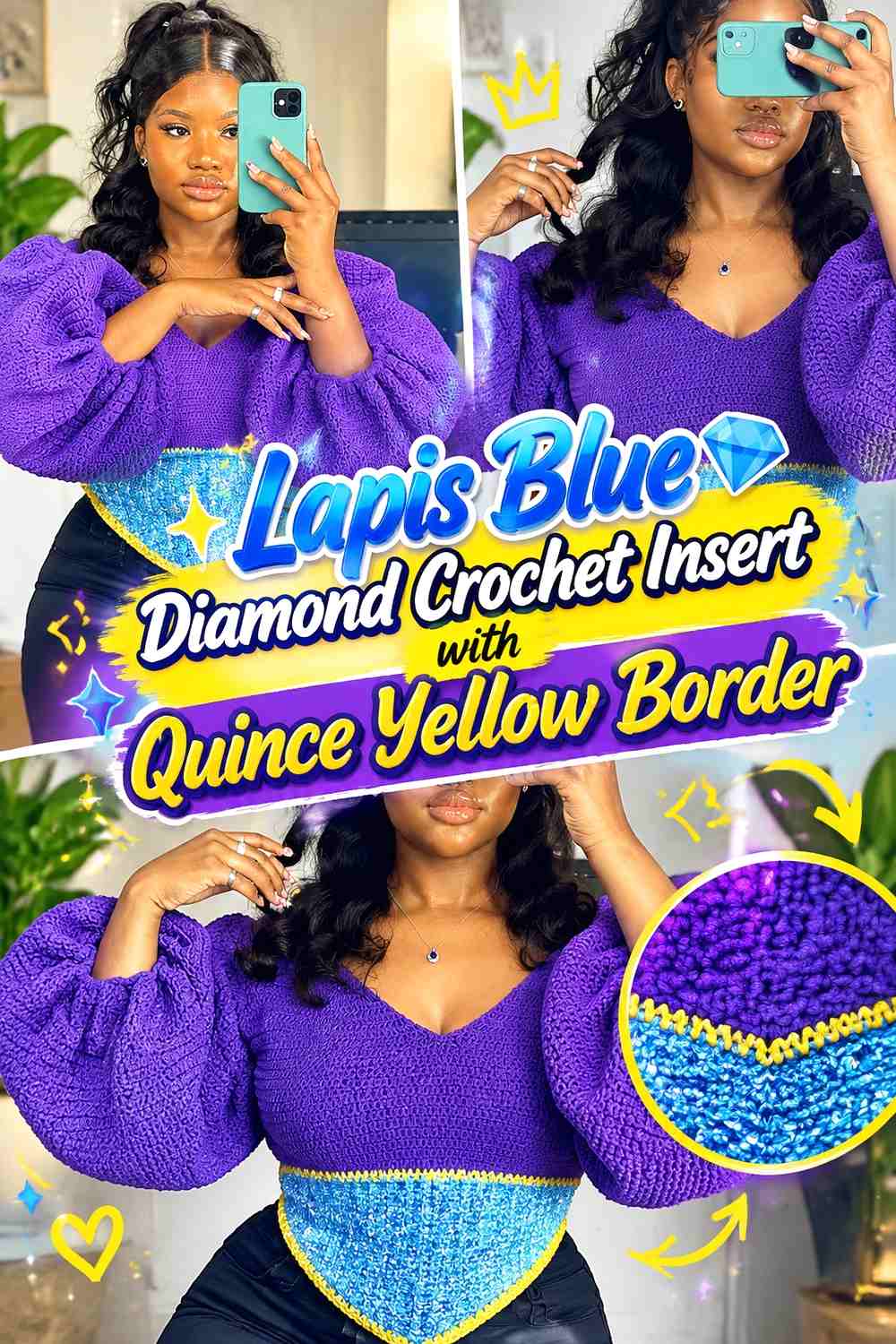 Lapis Blue Diamond Crochet Insert with Quince Yellow Border