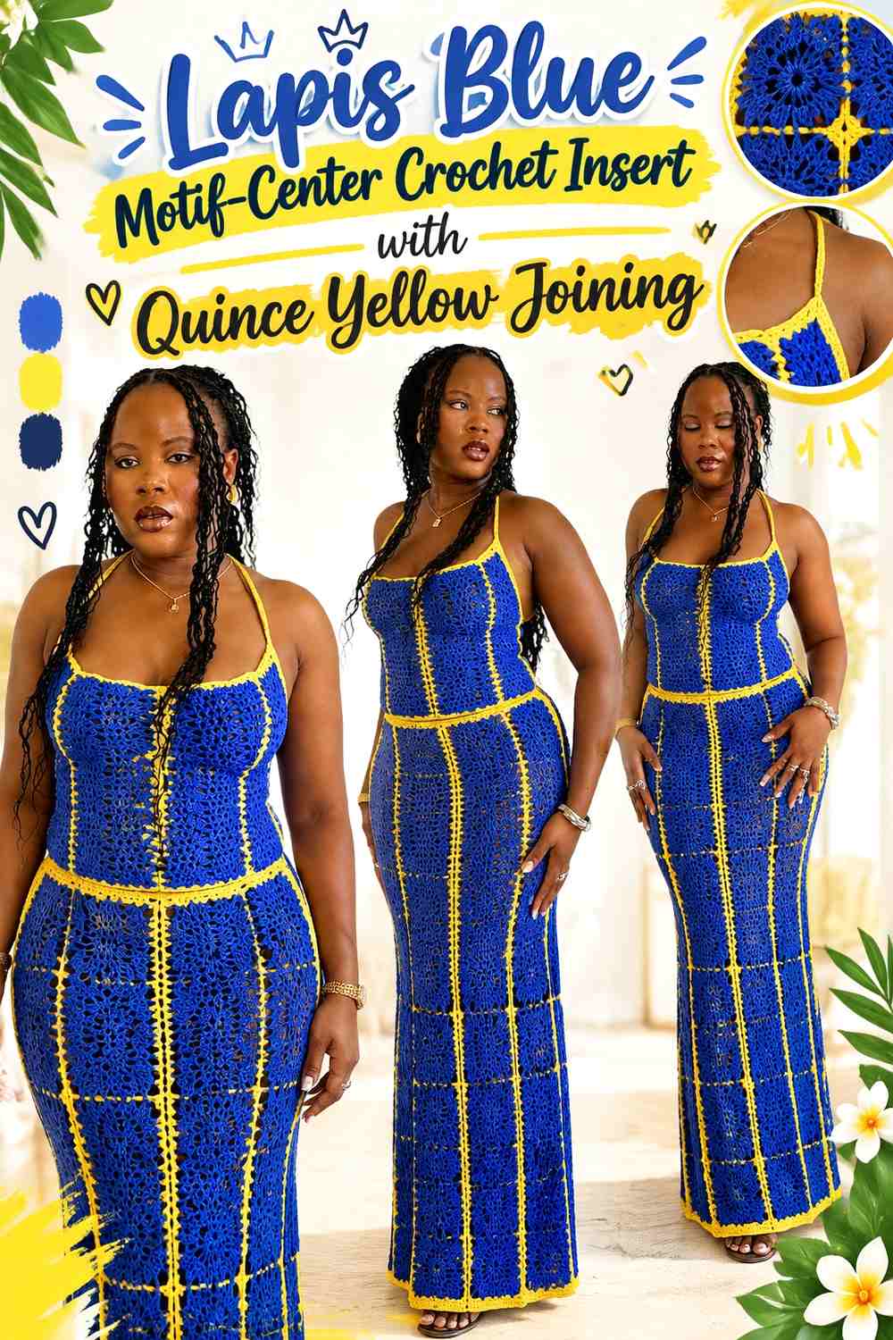Lapis Blue Motif-Center Crochet Insert with Quince Yellow Joining