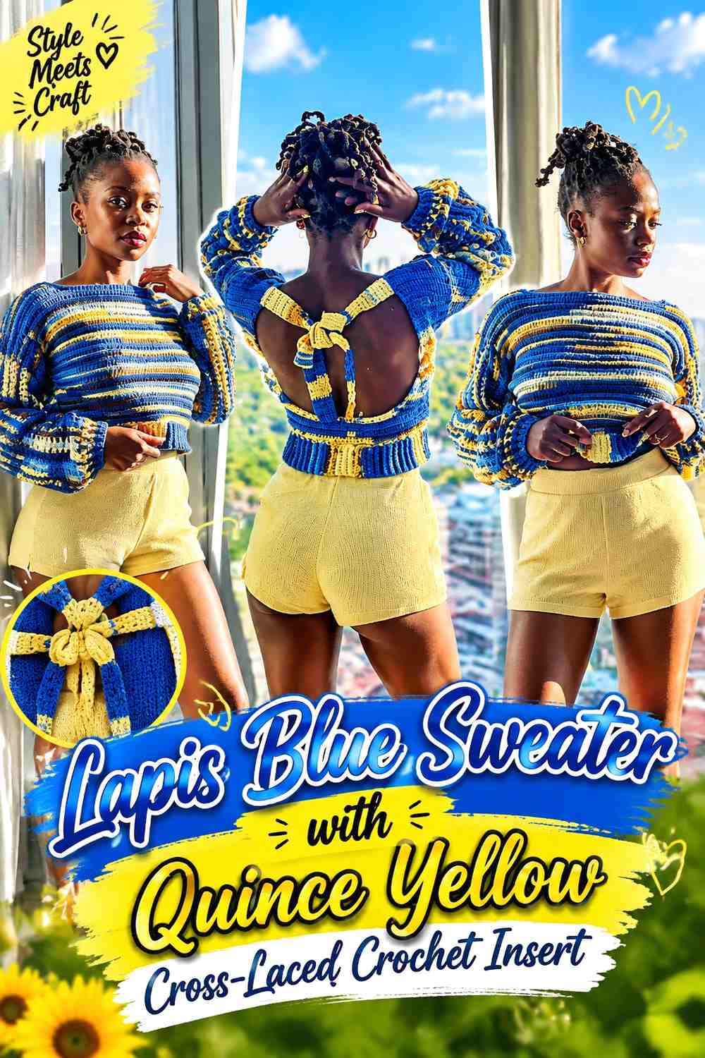 Lapis Blue Sweater with Quince Yellow Cross-Laced Crochet Insert