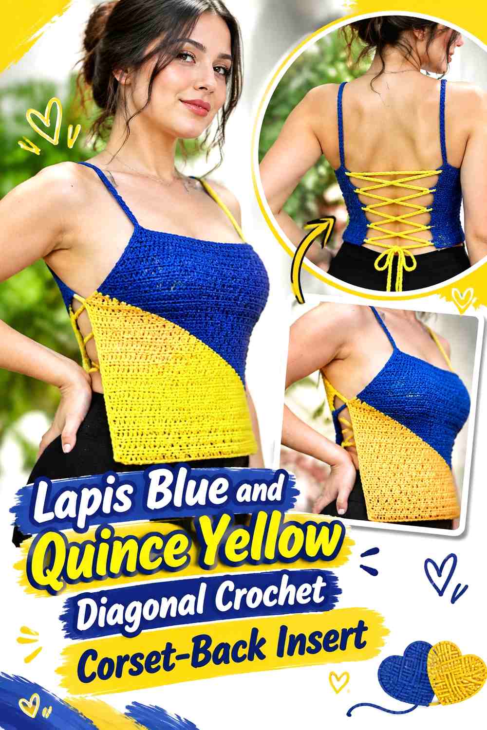 Lapis Blue and Quince Yellow Diagonal Crochet Corset-Back Insert
