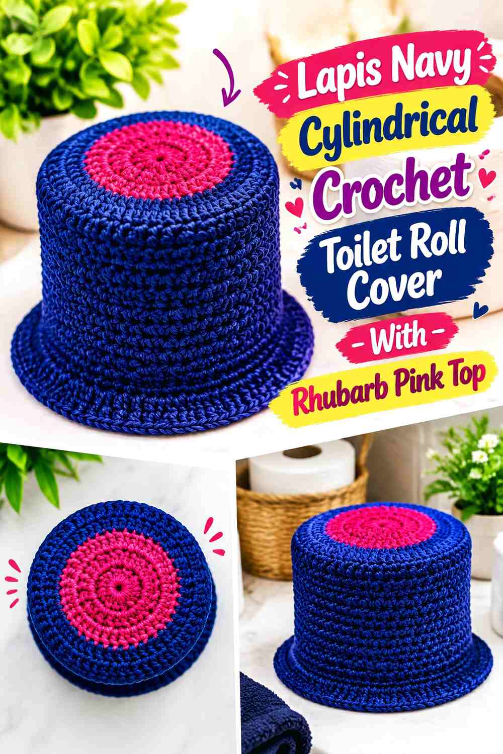 Lapis Navy Cylindrical Crochet Toilet Roll Cover With Rhubarb Pink Top