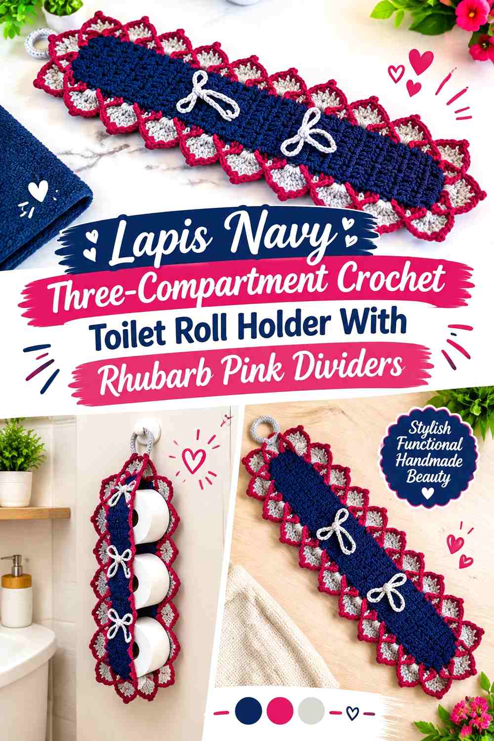 Lapis Navy Three-Compartment Crochet Toilet Roll Holder With Rhubarb Pink Dividers