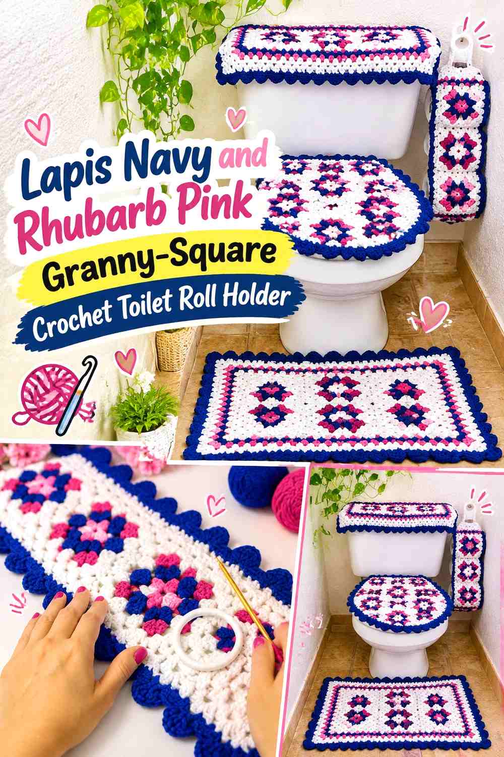 Lapis Navy and Rhubarb Pink Granny-Square Crochet Toilet Roll Holder