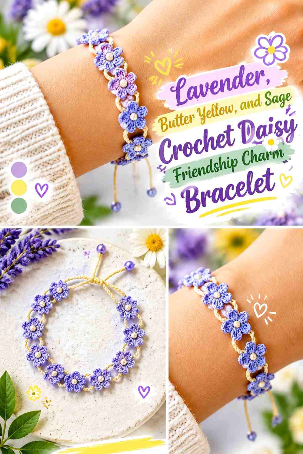 Lavender, Butter Yellow, and Sage Crochet Daisy Friendship Charm Bracelet