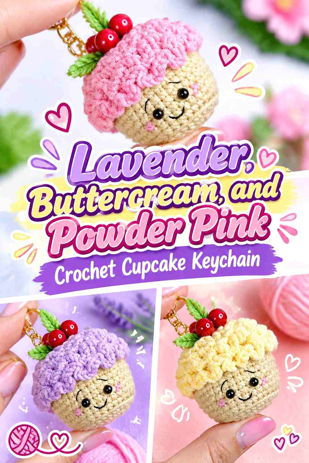 Lavender, Buttercream, and Powder Pink Crochet Cupcake Keychain