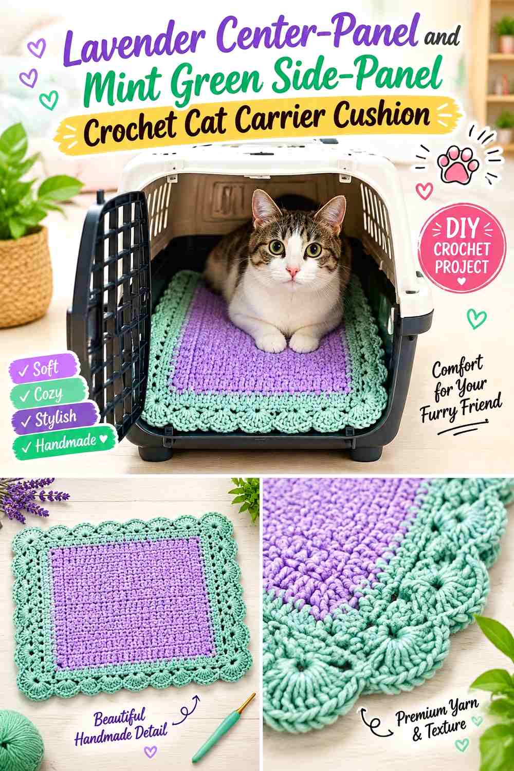 Lavender Center-Panel and Mint Green Side-Panel Crochet Cat Carrier Cushion