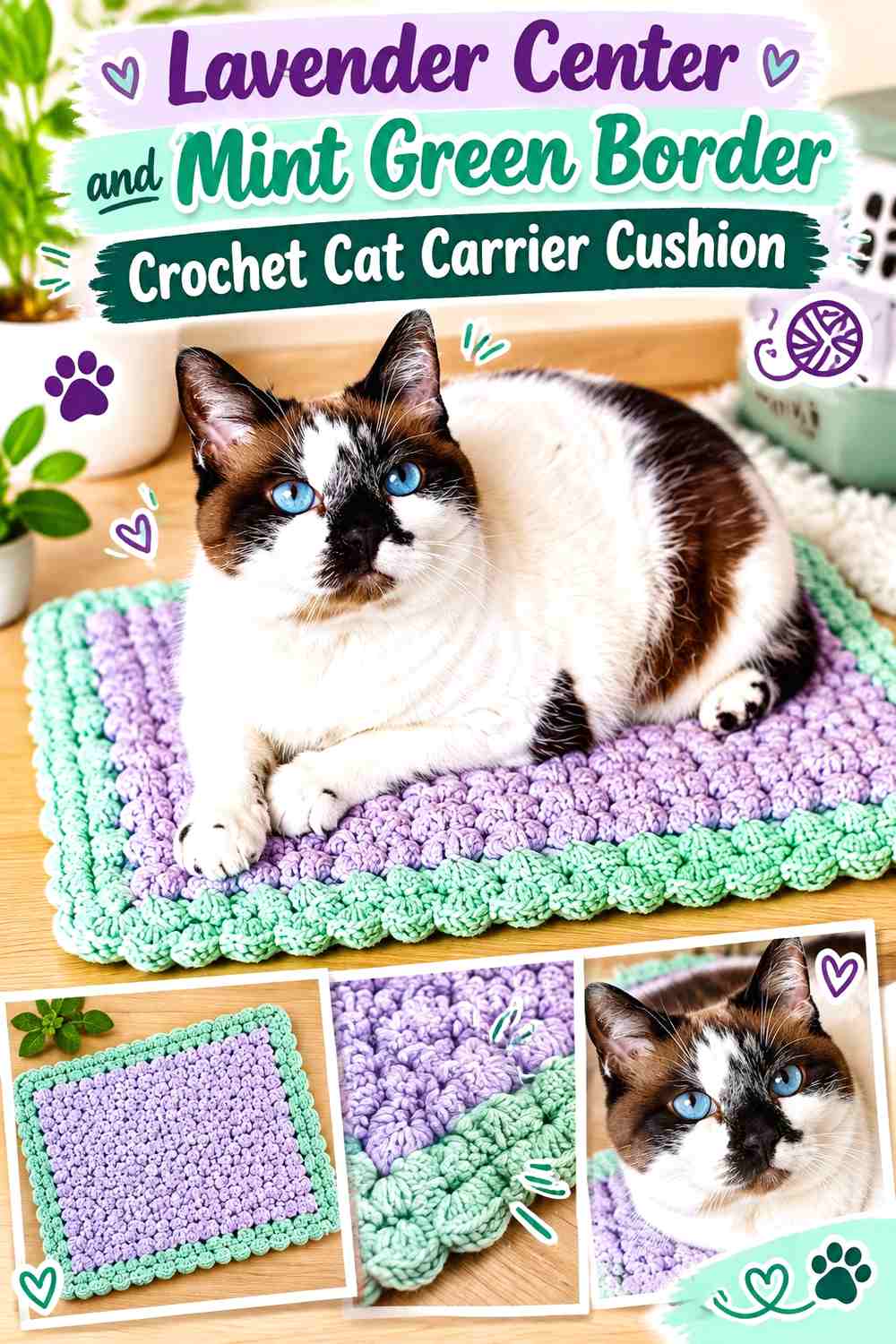 Lavender Center and Mint Green Border Crochet Cat Carrier Cushion