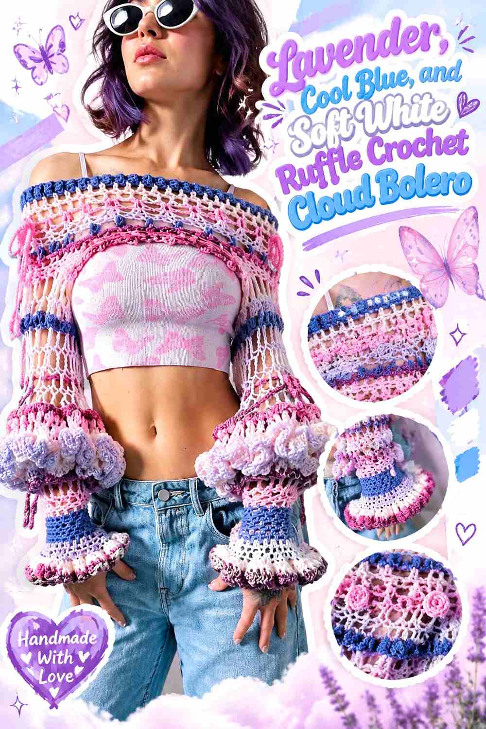 4. Lavender Cool Blue And Soft White Ruffle Crochet Cloud Bolero