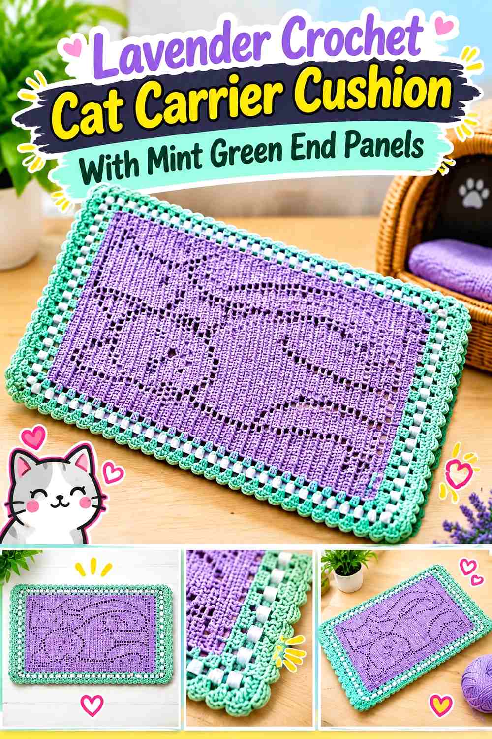 Lavender Crochet Cat Carrier Cushion With Mint Green End Panels