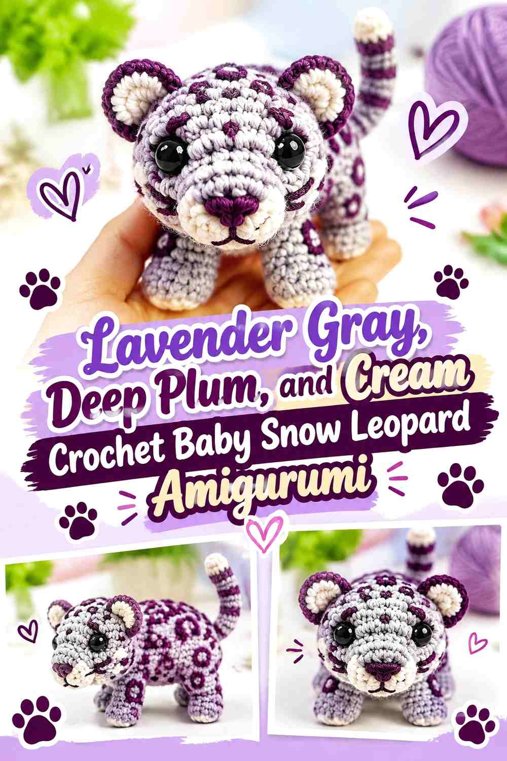 Lavender Gray, Deep Plum, and Cream Crochet Baby Snow Leopard Amigurumi