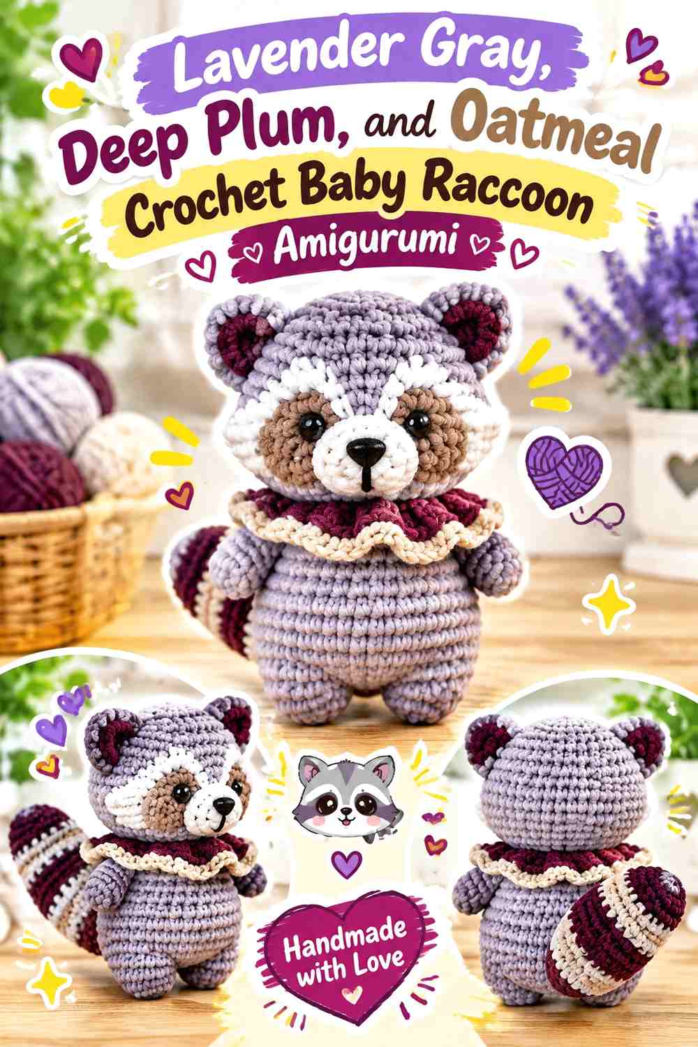 Lavender Gray, Deep Plum, and Oatmeal Crochet Baby Raccoon Amigurumi