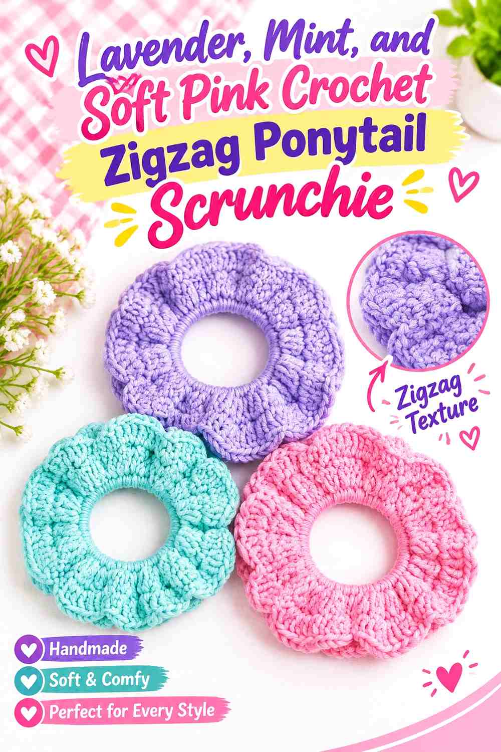 Lavender, Mint, and Soft Pink Crochet Zigzag Ponytail Scrunchie