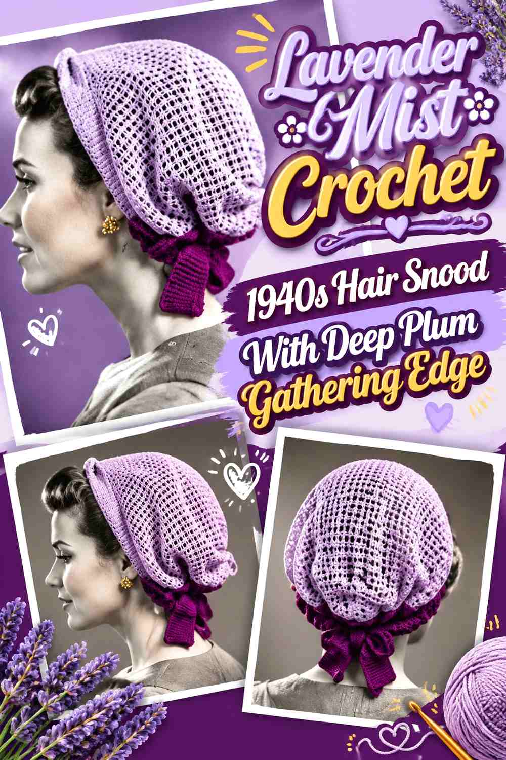 Lavender Mist Crochet 1940s Hair Snood With Deep Plum Gathering Edge