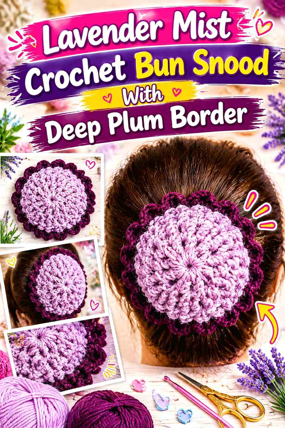 Lavender Mist Crochet Bun Snood With Deep Plum Border