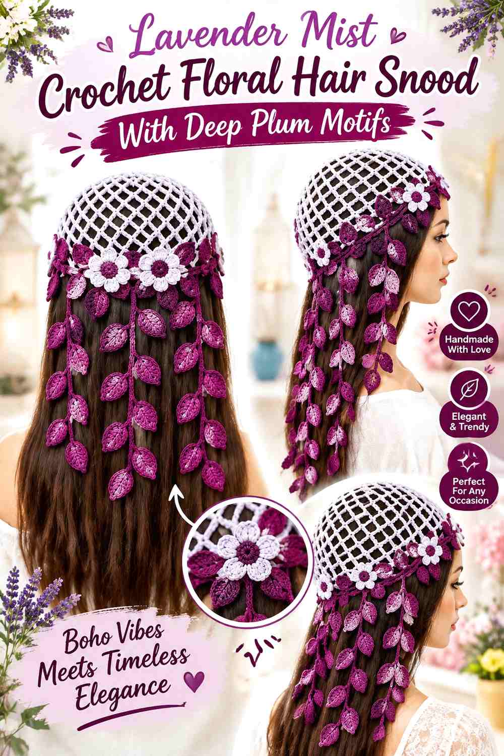 Lavender Mist Crochet Floral Hair Snood With Deep Plum Motifs