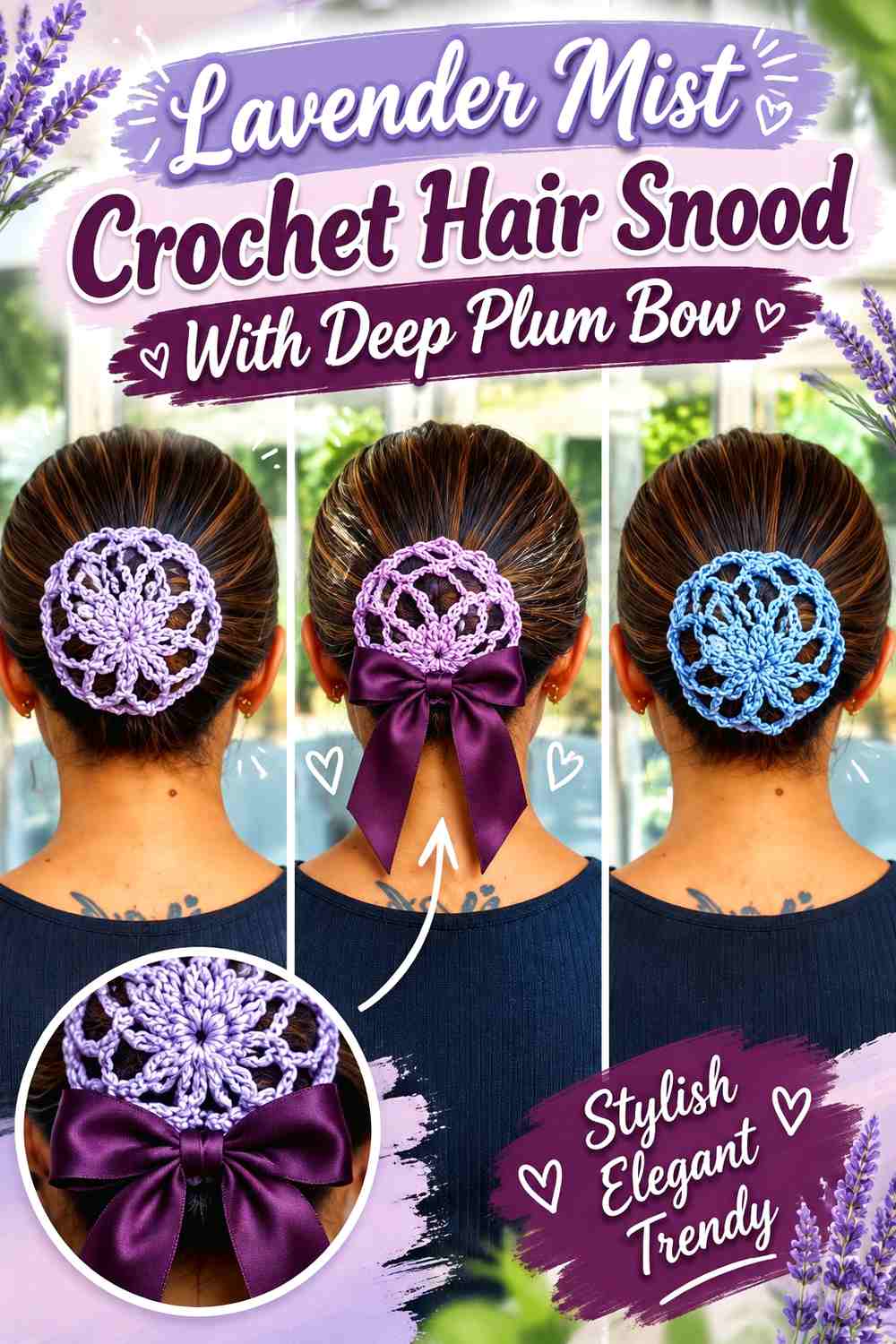 Lavender Mist Crochet Hair Snood With Deep Plum Bow