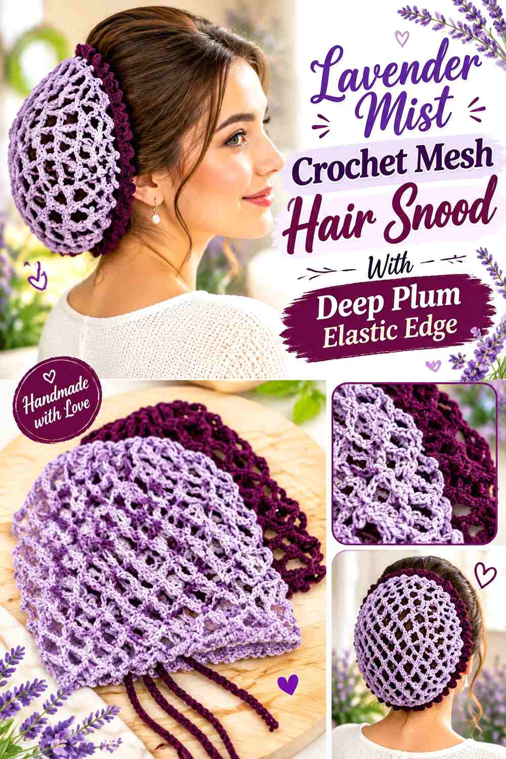Lavender Mist Crochet Mesh Hair Snood With Deep Plum Elastic Edge
