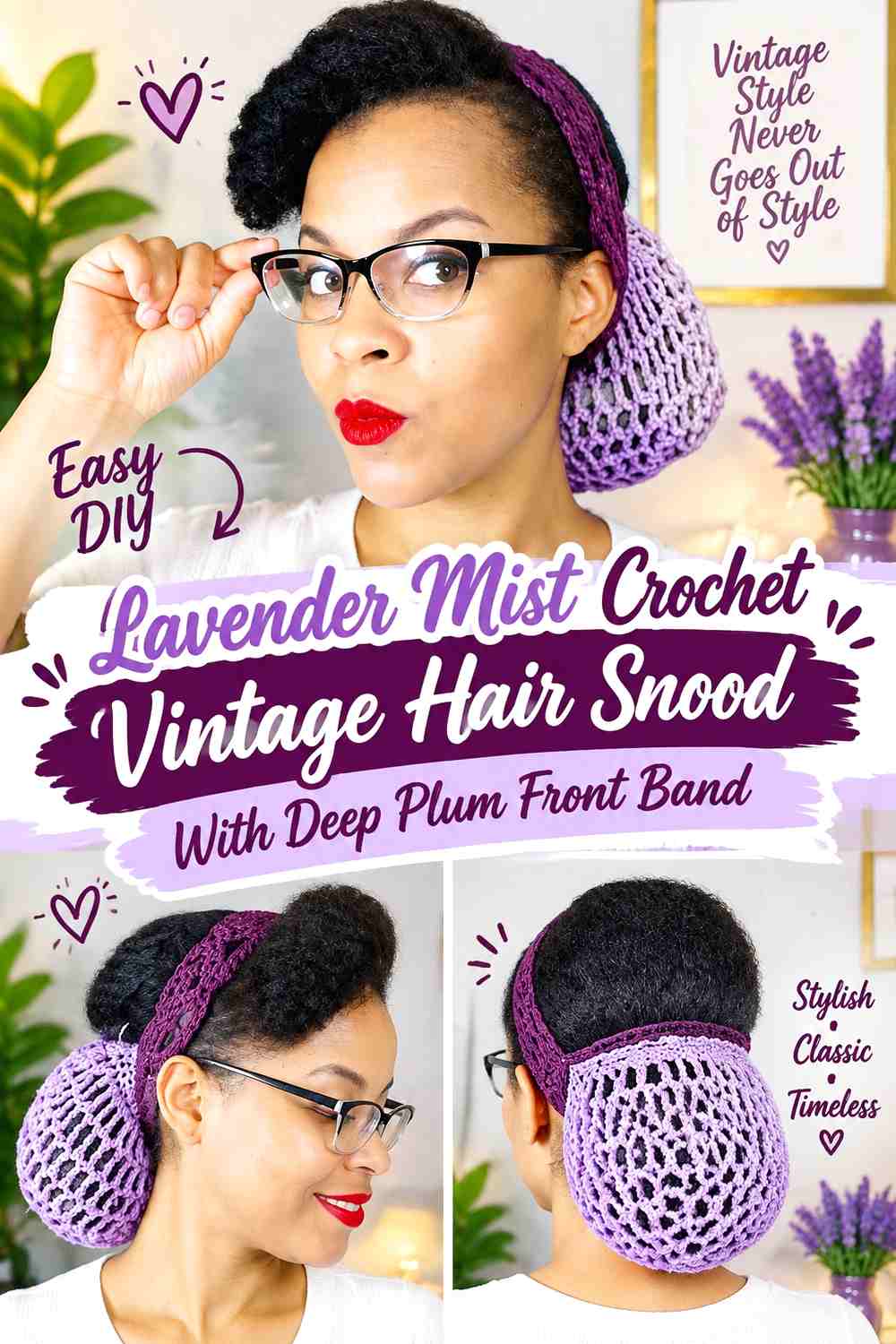 Lavender Mist Crochet Vintage Hair Snood With Deep Plum Front Band