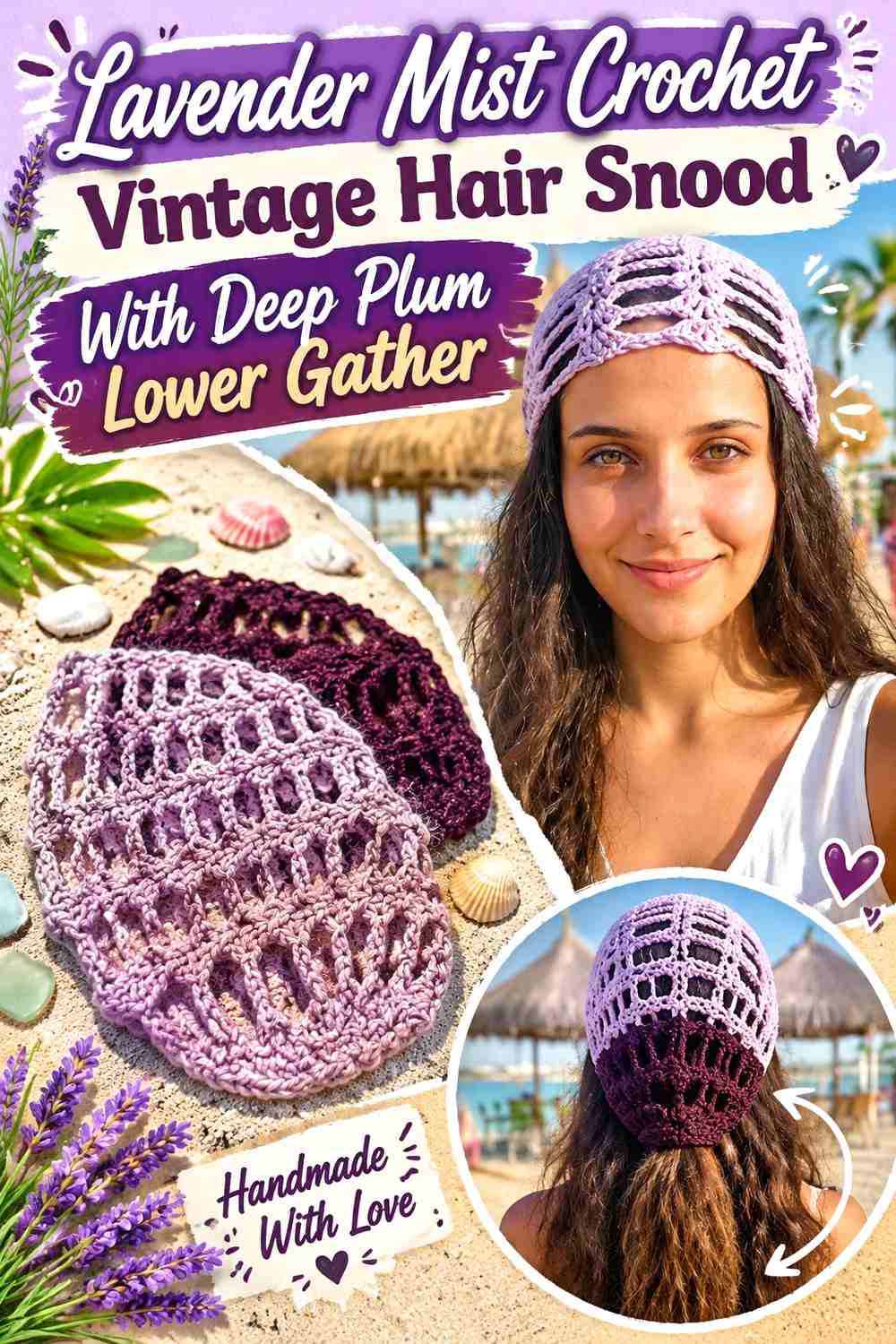 Lavender Mist Crochet Vintage Hair Snood With Deep Plum Lower Gather