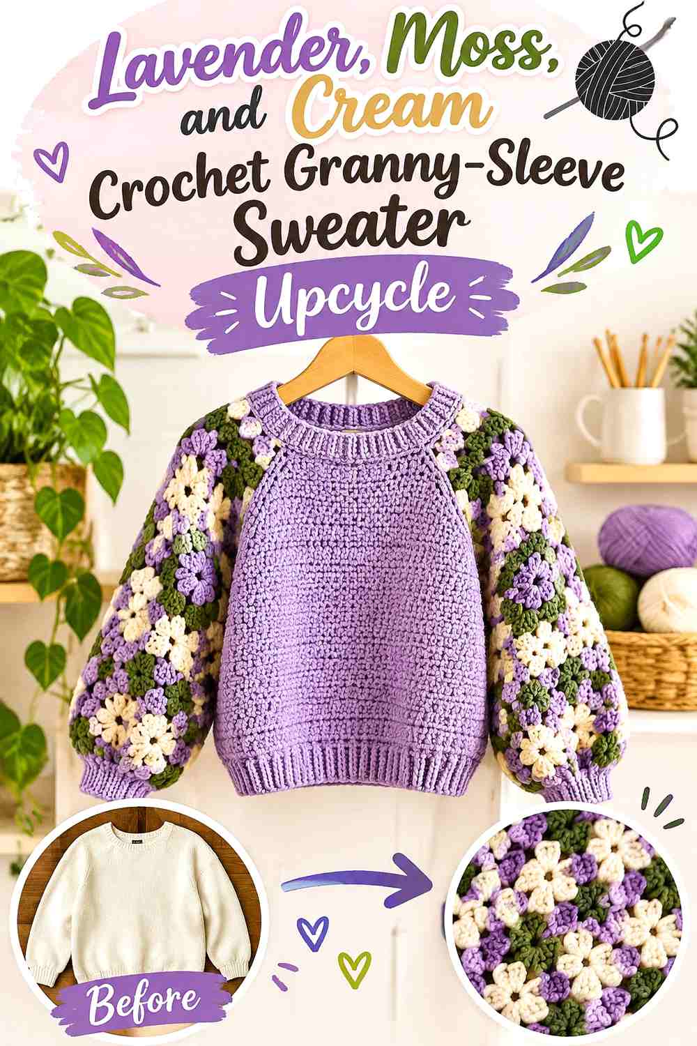 Lavender, Moss, and Cream Crochet Granny-Sleeve Sweater Upcycle