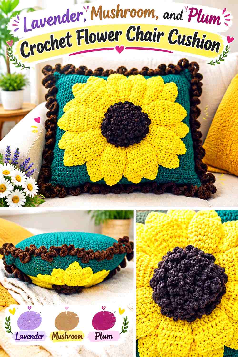 Lavender, Mushroom, and Plum Crochet Flower Chair Cushion