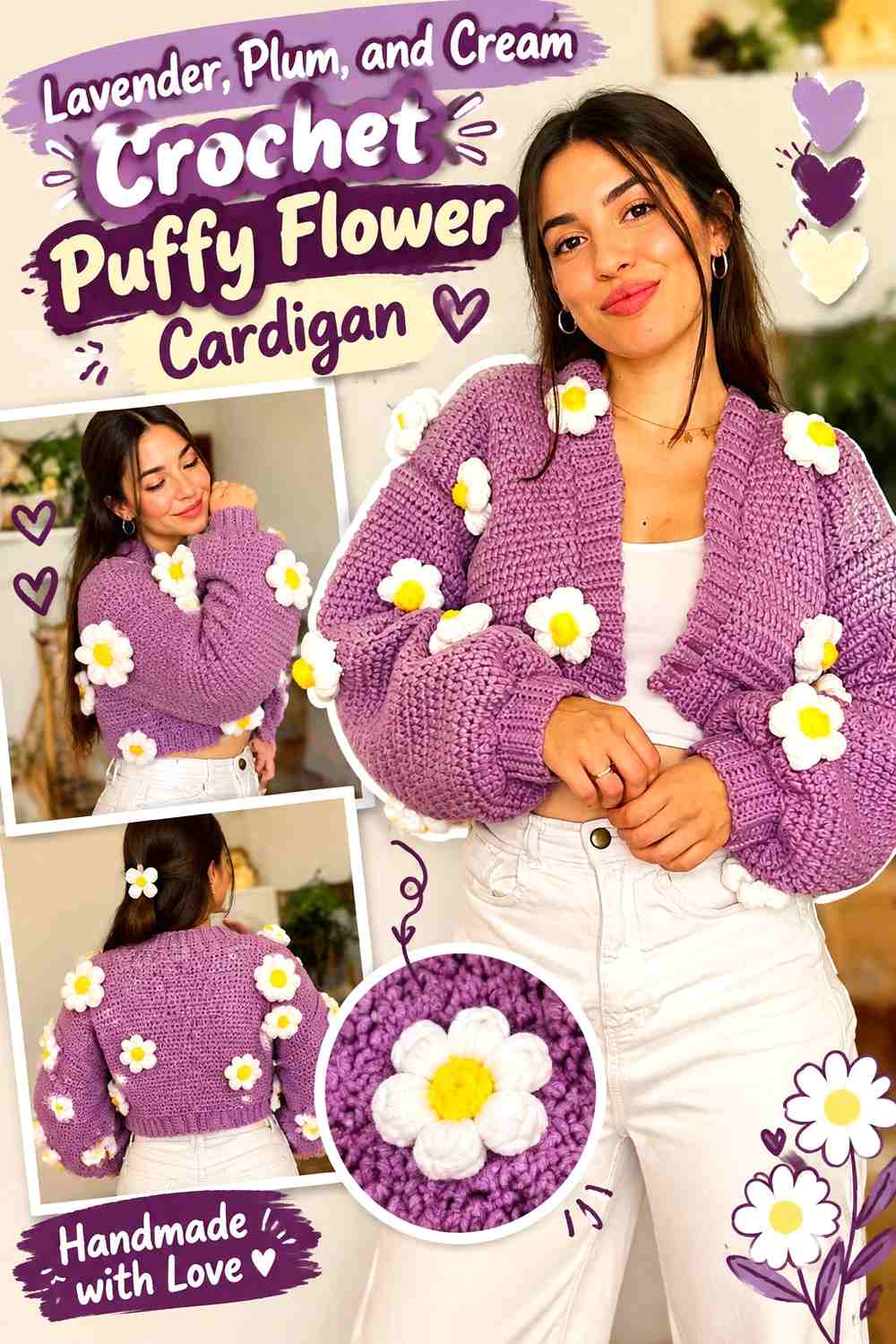 Lavender, Plum, and Cream Crochet Puffy Flower Cardigan