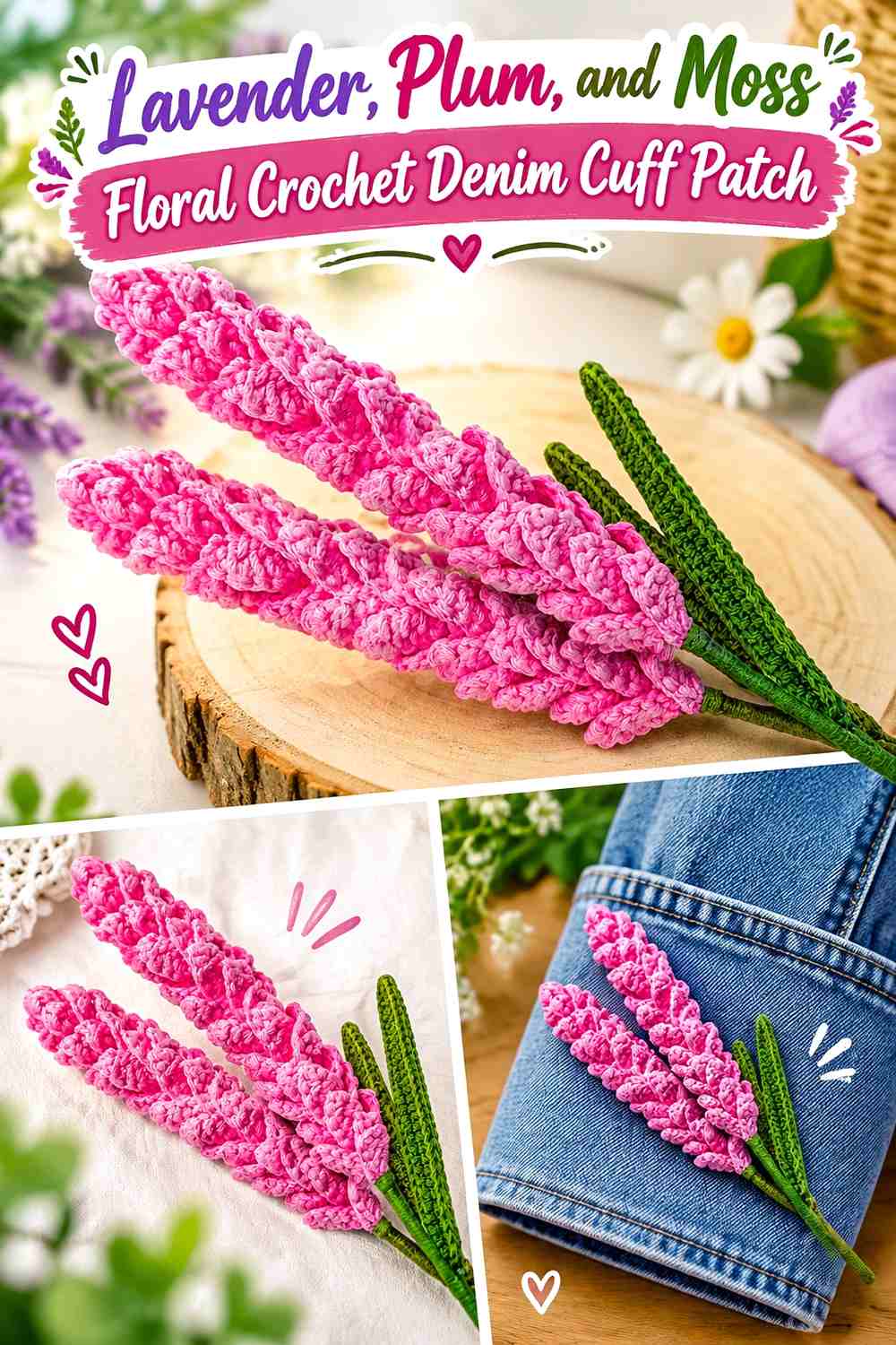 Lavender, Plum, and Moss Floral Crochet Denim Cuff Patch