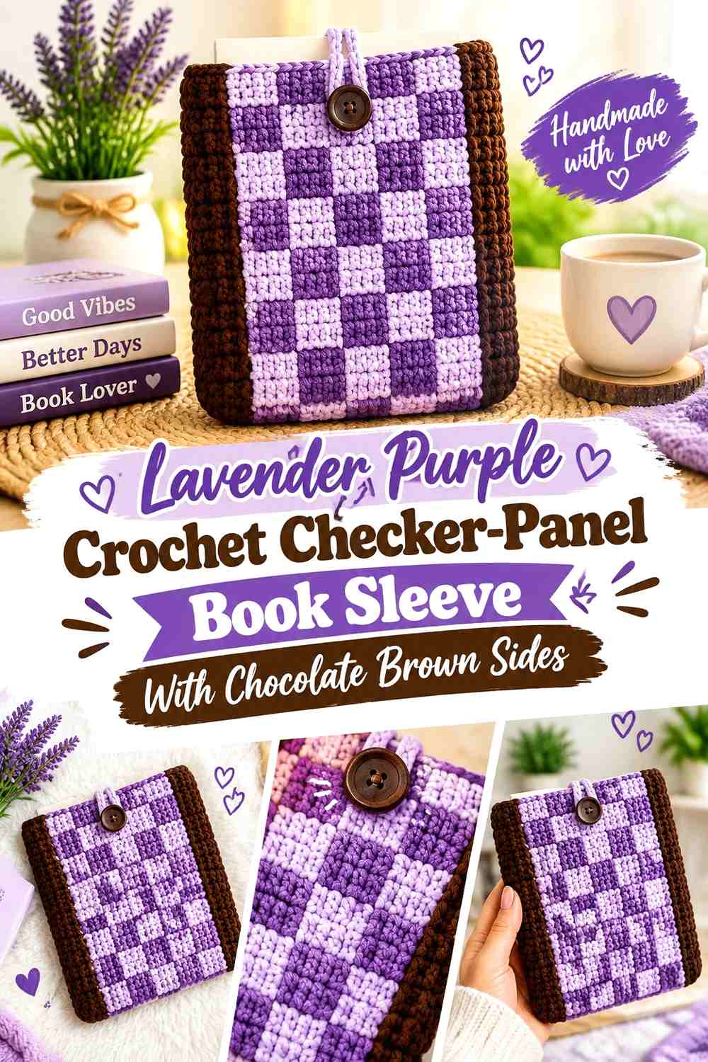 Lavender Purple Crochet Checker-Panel Book Sleeve With Chocolate Brown Sides
