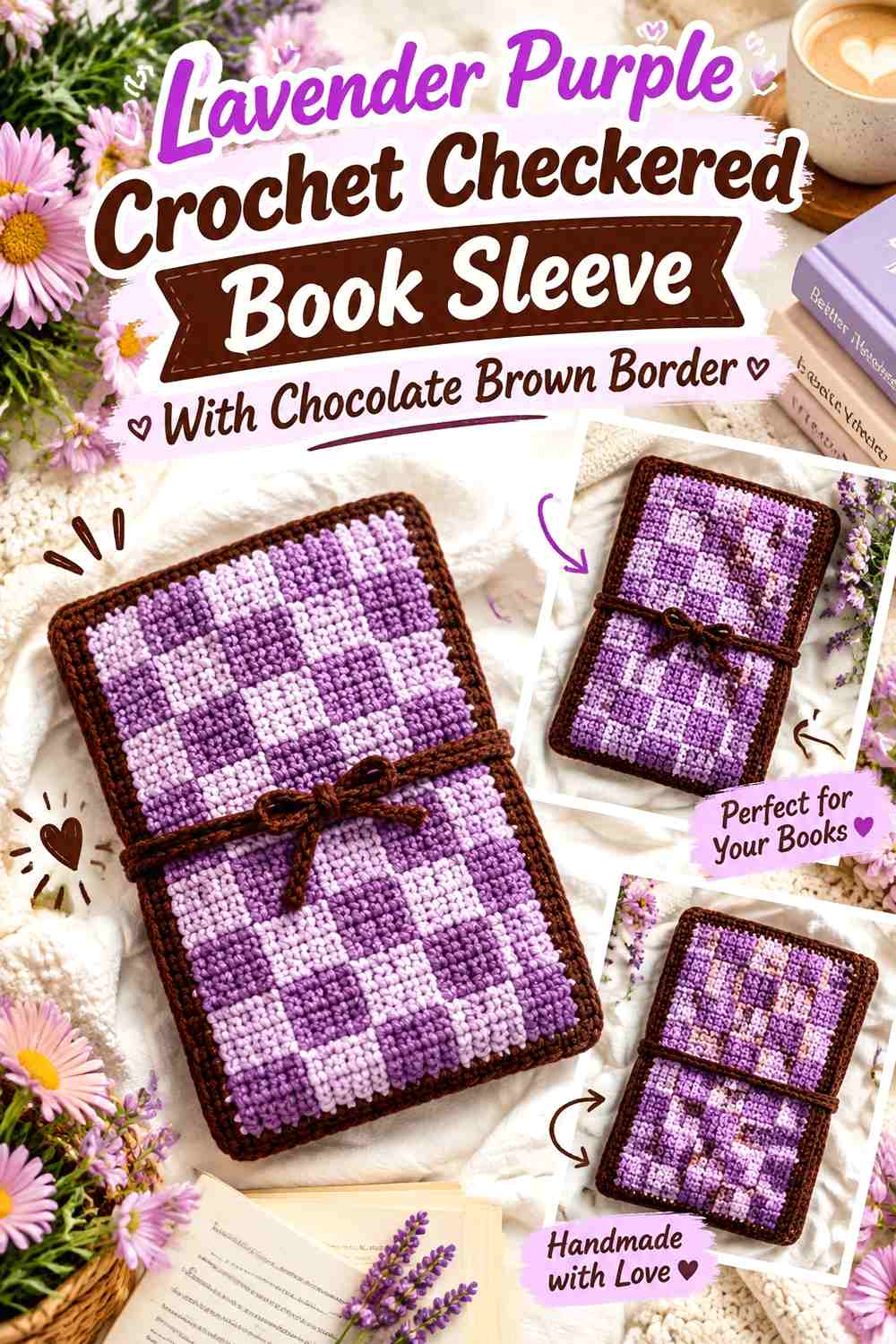Lavender Purple Crochet Checkered Book Sleeve With Chocolate Brown Border