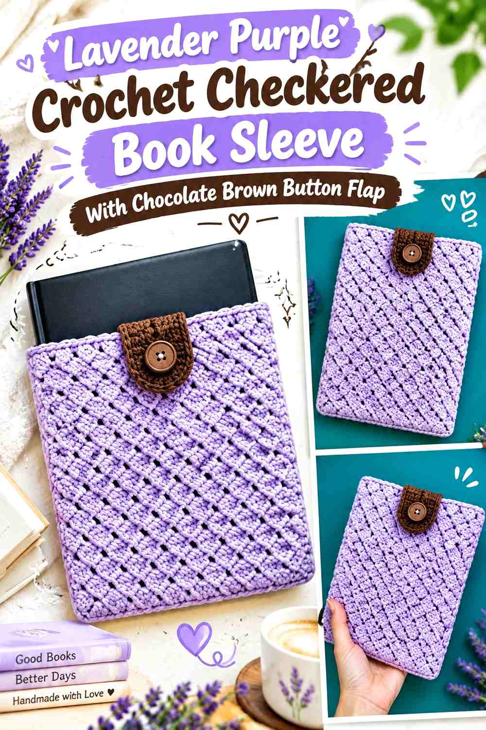 Lavender Purple Crochet Checkered Book Sleeve With Chocolate Brown Button Flap