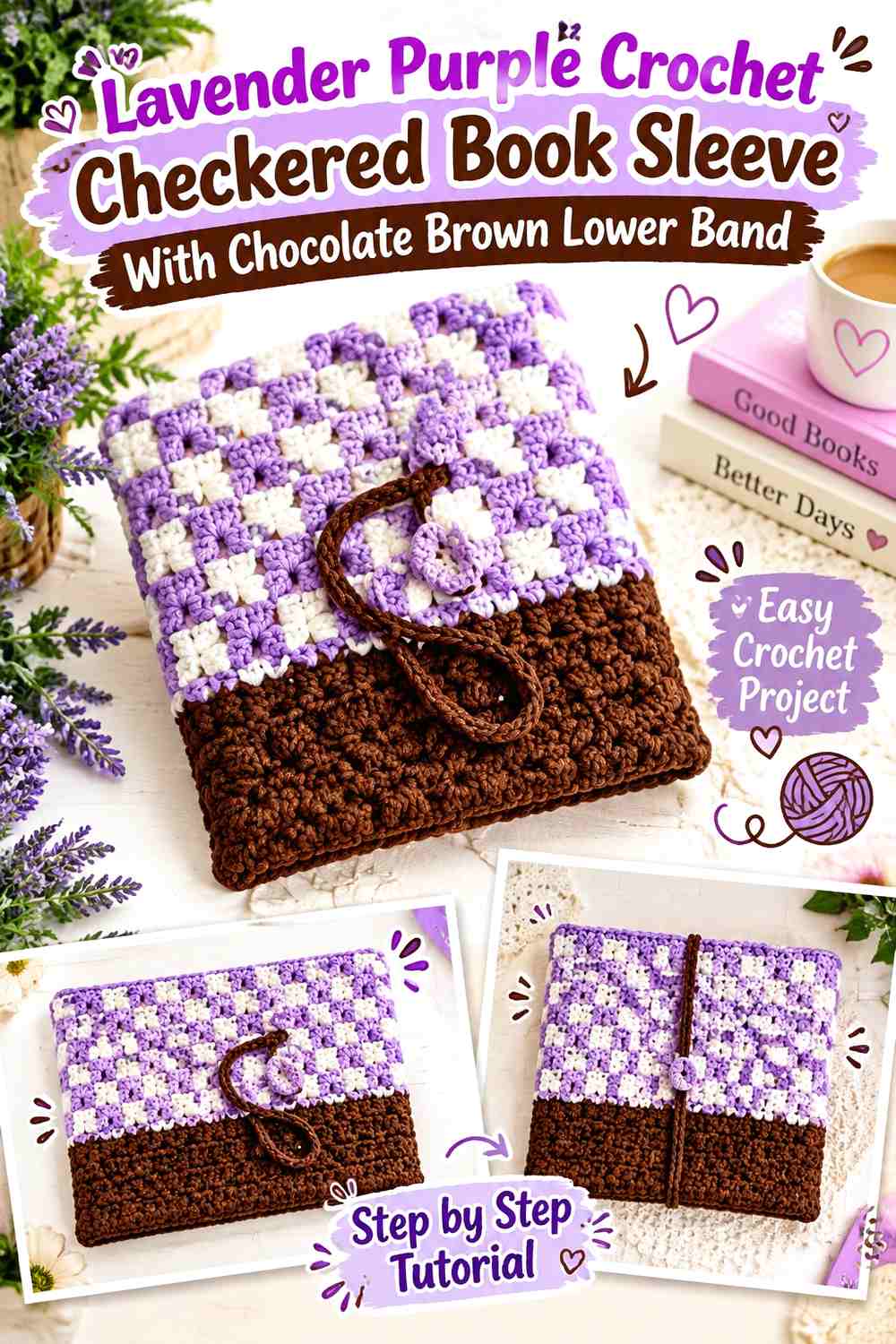 Lavender Purple Crochet Checkered Book Sleeve With Chocolate Brown Lower Band