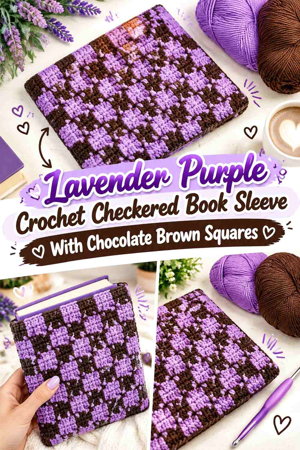 Lavender Purple Crochet Checkered Book Sleeve With Chocolate Brown Squares