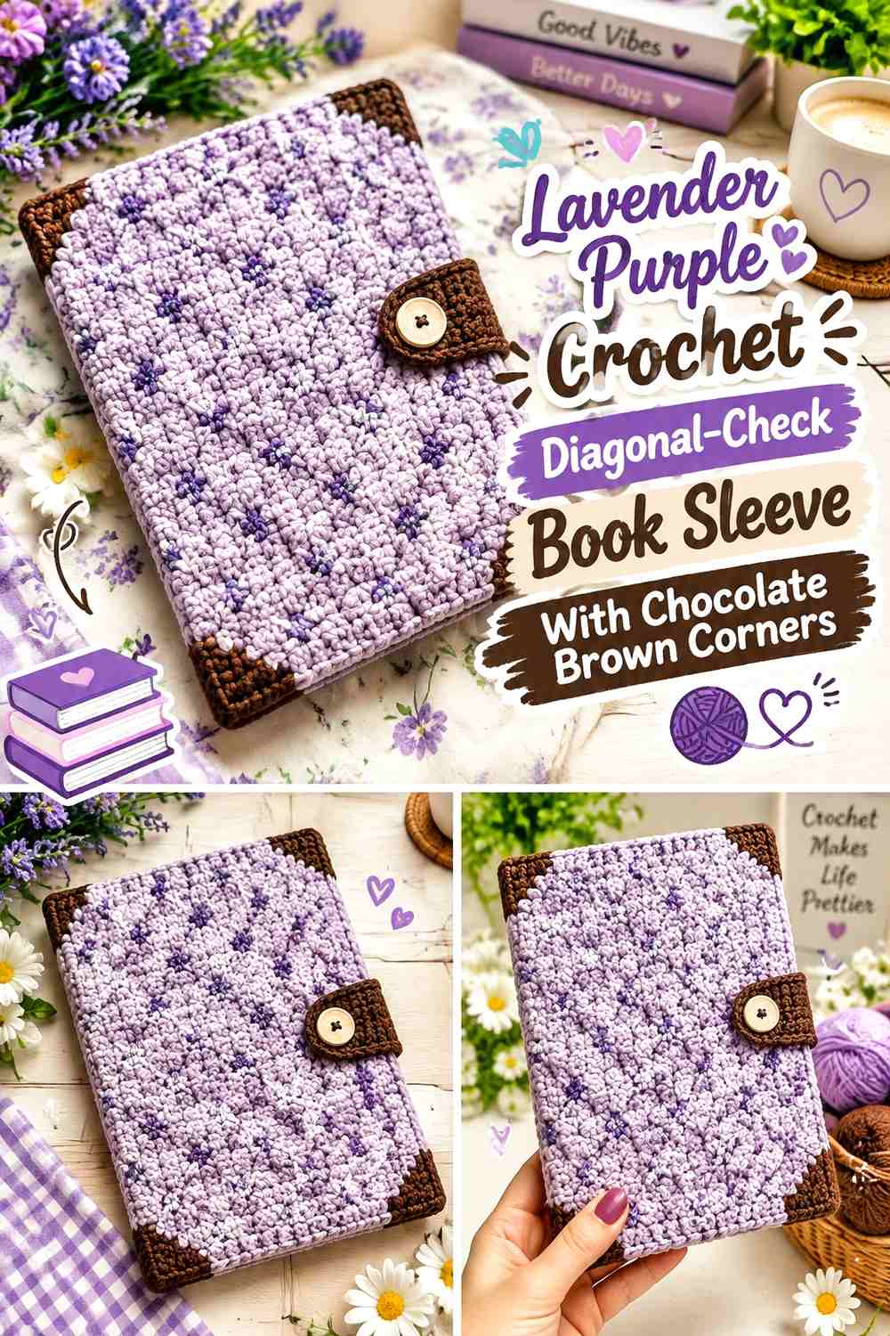 Lavender Purple Crochet Diagonal-Check Book Sleeve With Chocolate Brown Corners