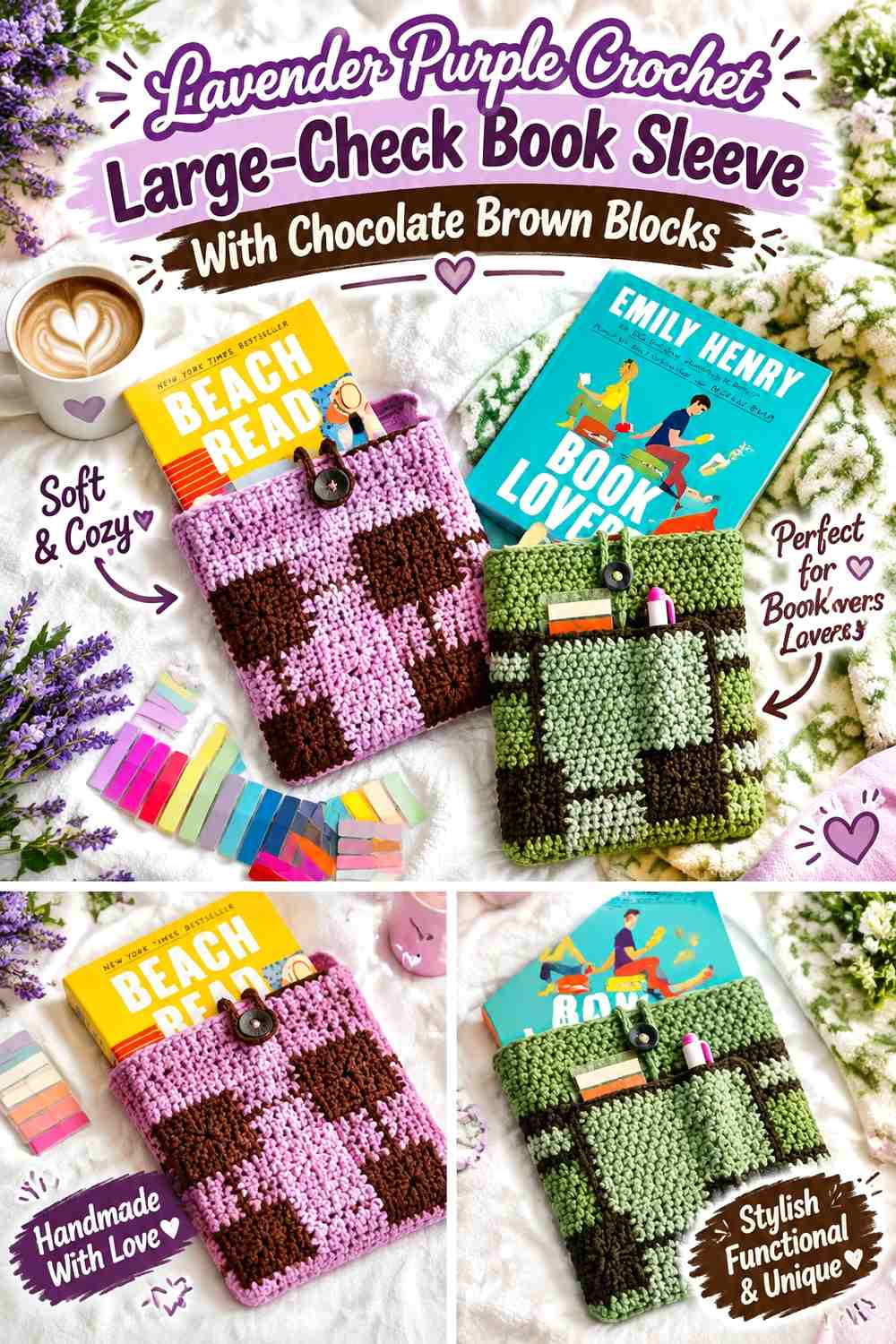 Lavender Purple Crochet Large-Check Book Sleeve With Chocolate Brown Blocks