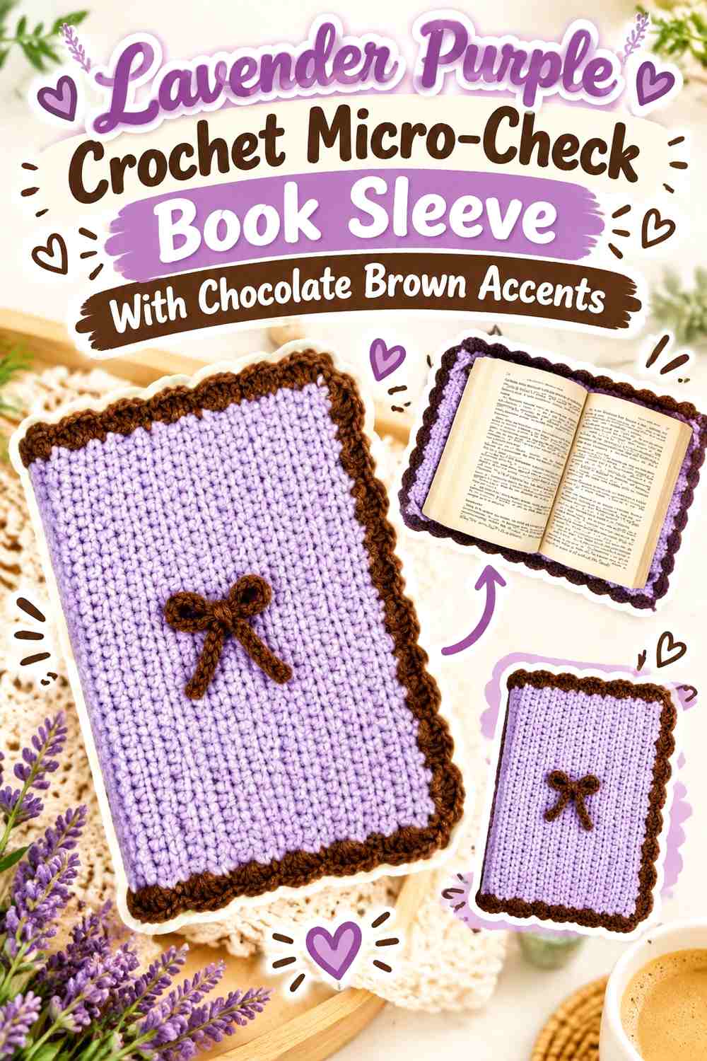 Lavender Purple Crochet Micro-Check Book Sleeve With Chocolate Brown Accents