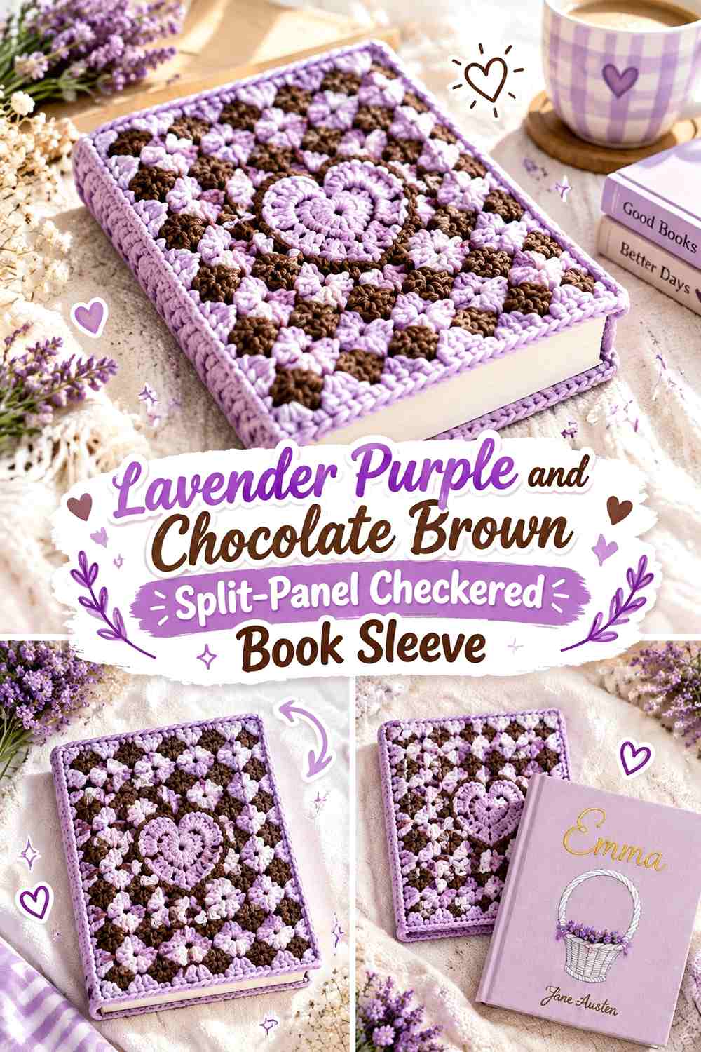 Lavender Purple and Chocolate Brown Split-Panel Checkered Book Sleeve
