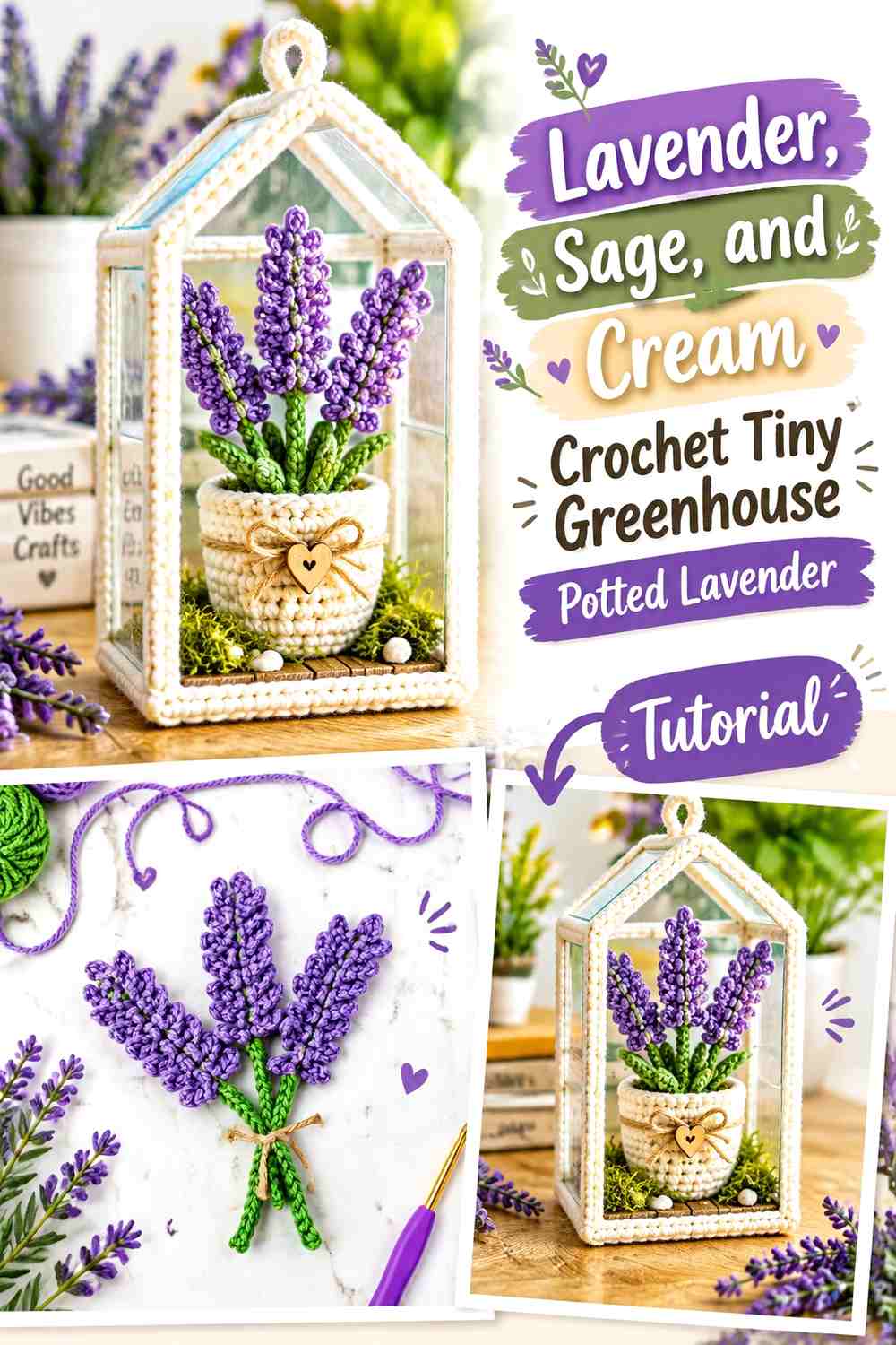 Lavender, Sage, and Cream Crochet Tiny Greenhouse Potted Lavender