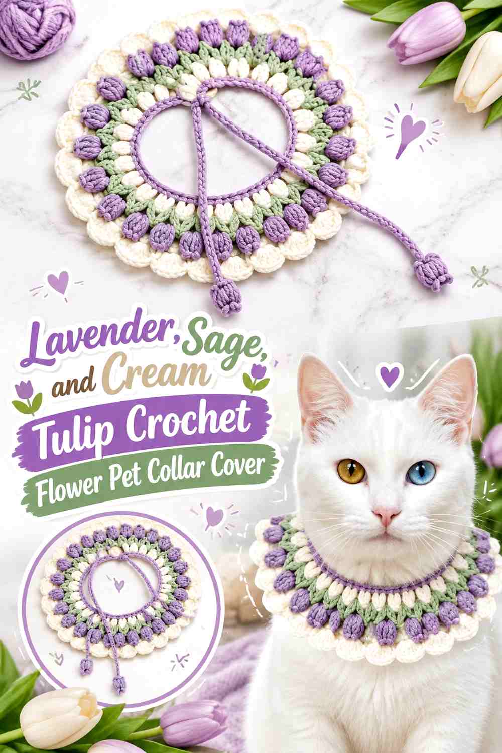 Lavender, Sage, and Cream Tulip Crochet Flower Pet Collar Cover