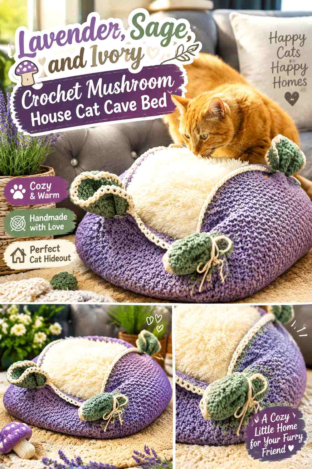 Lavender, Sage, and Ivory Crochet Mushroom House Cat Cave Bed