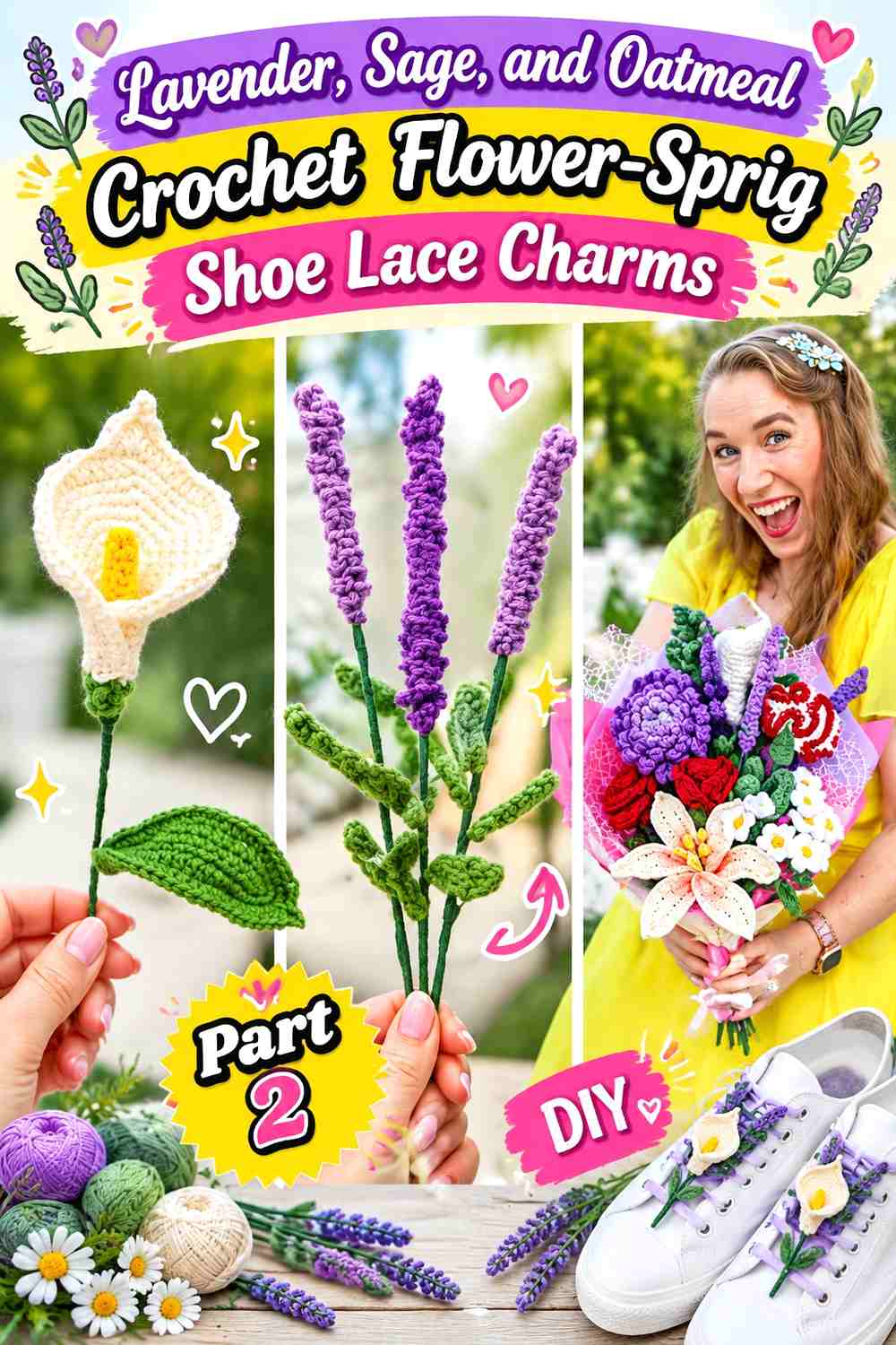 Lavender, Sage, and Oatmeal Crochet Flower-Sprig Shoe Lace Charms