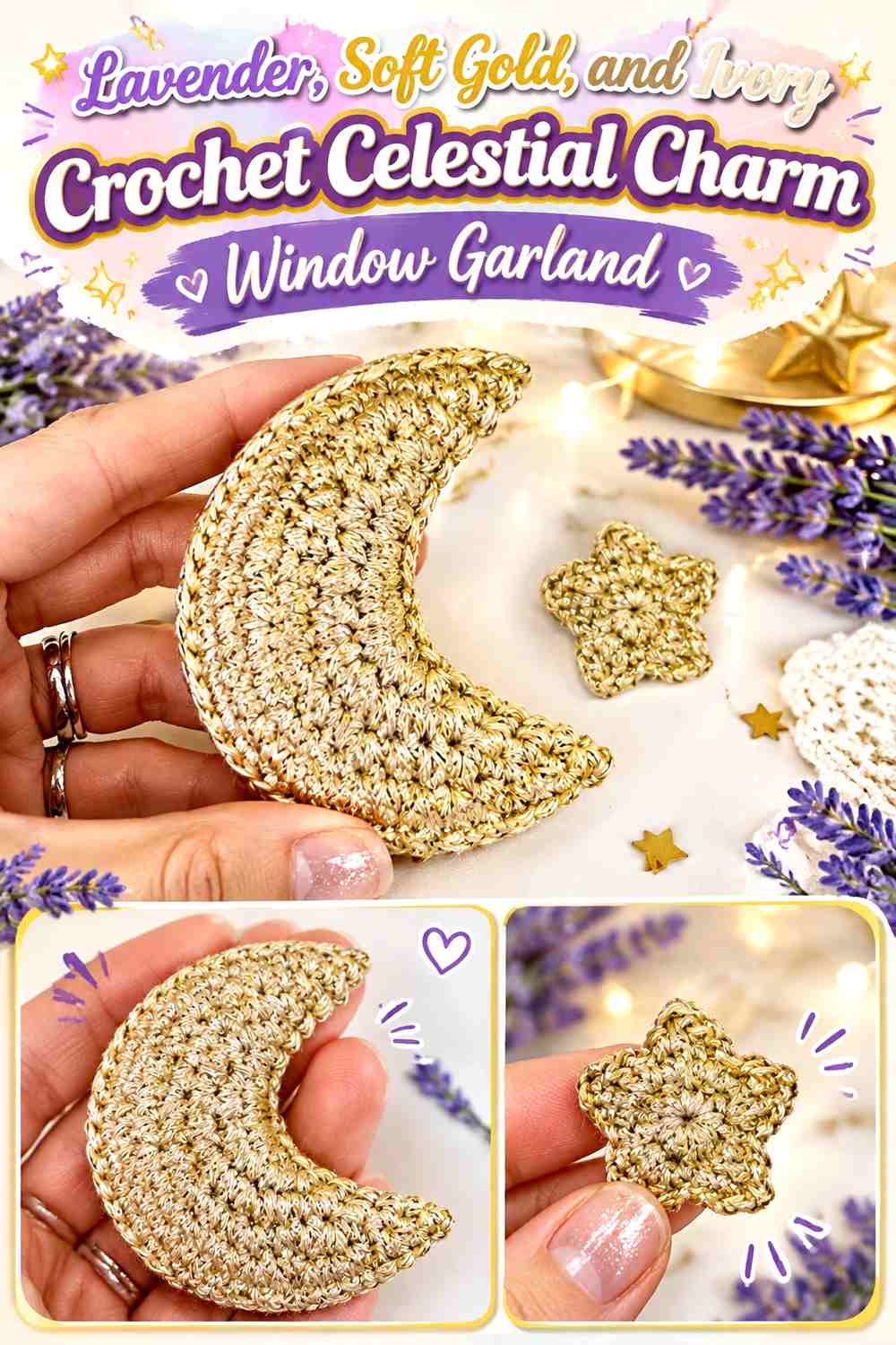 Lavender, Soft Gold, and Ivory Crochet Celestial Charm Window Garland