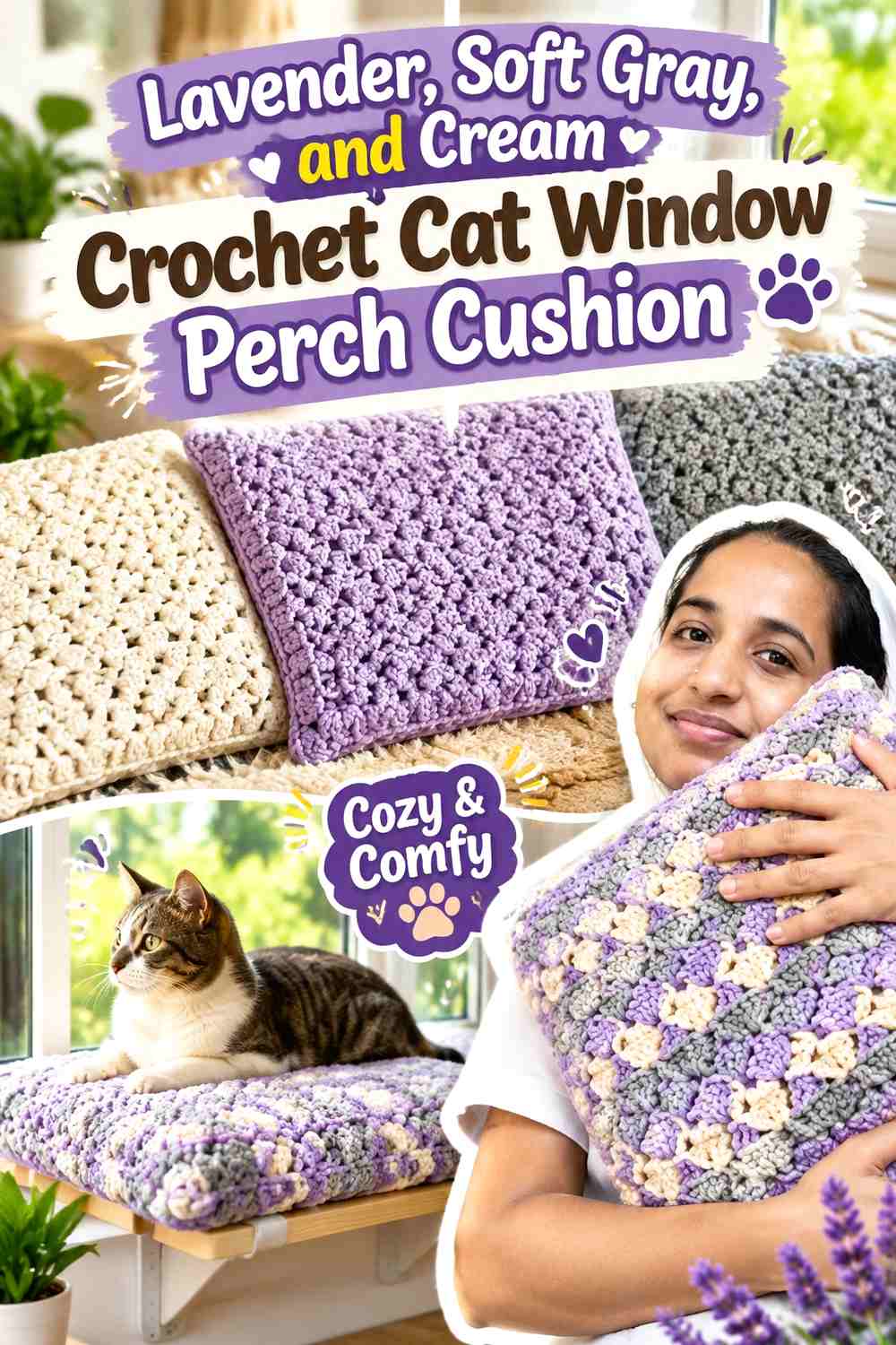 Lavender, Soft Gray, and Cream Crochet Cat Window Perch Cushion
