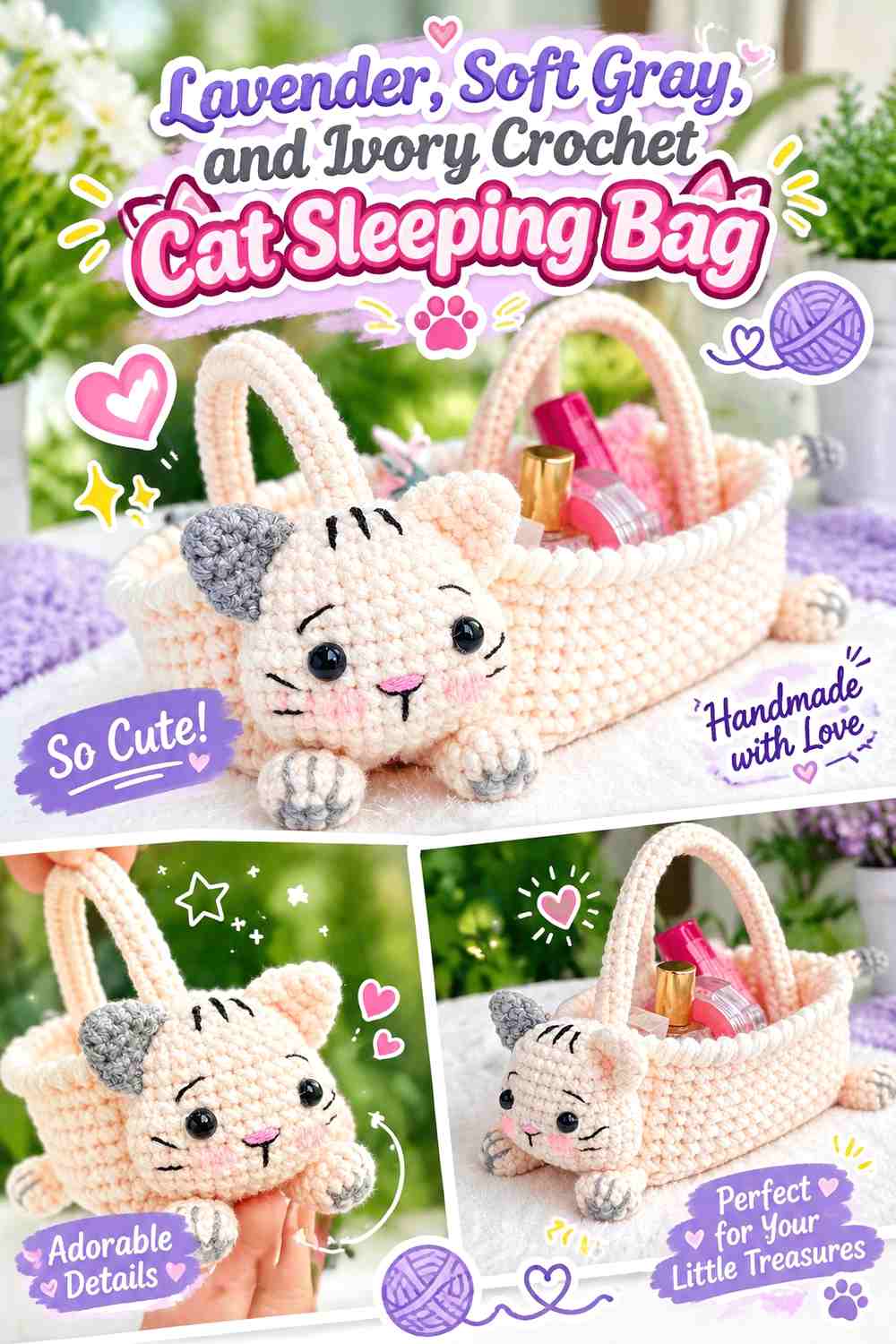 Lavender, Soft Gray, and Ivory Crochet Cat Sleeping Bag