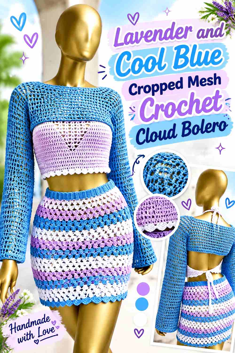 8. Lavender And Cool Blue Cropped Mesh Crochet Cloud Bolero