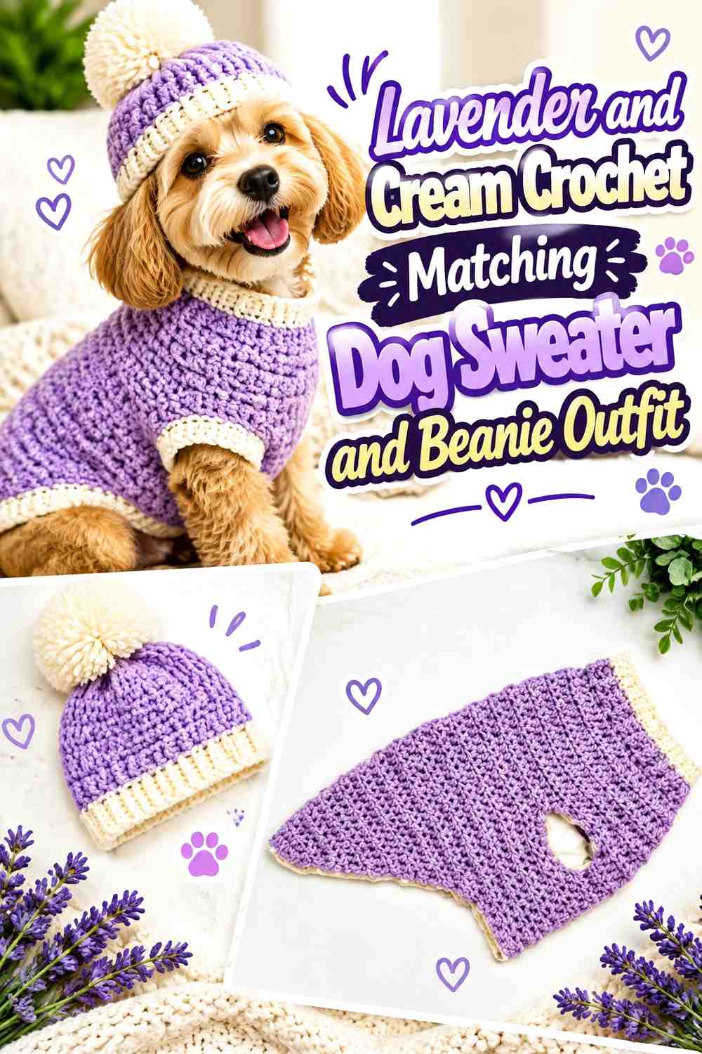Lavender and Cream Crochet Matching Dog Sweater and Beanie Outfit